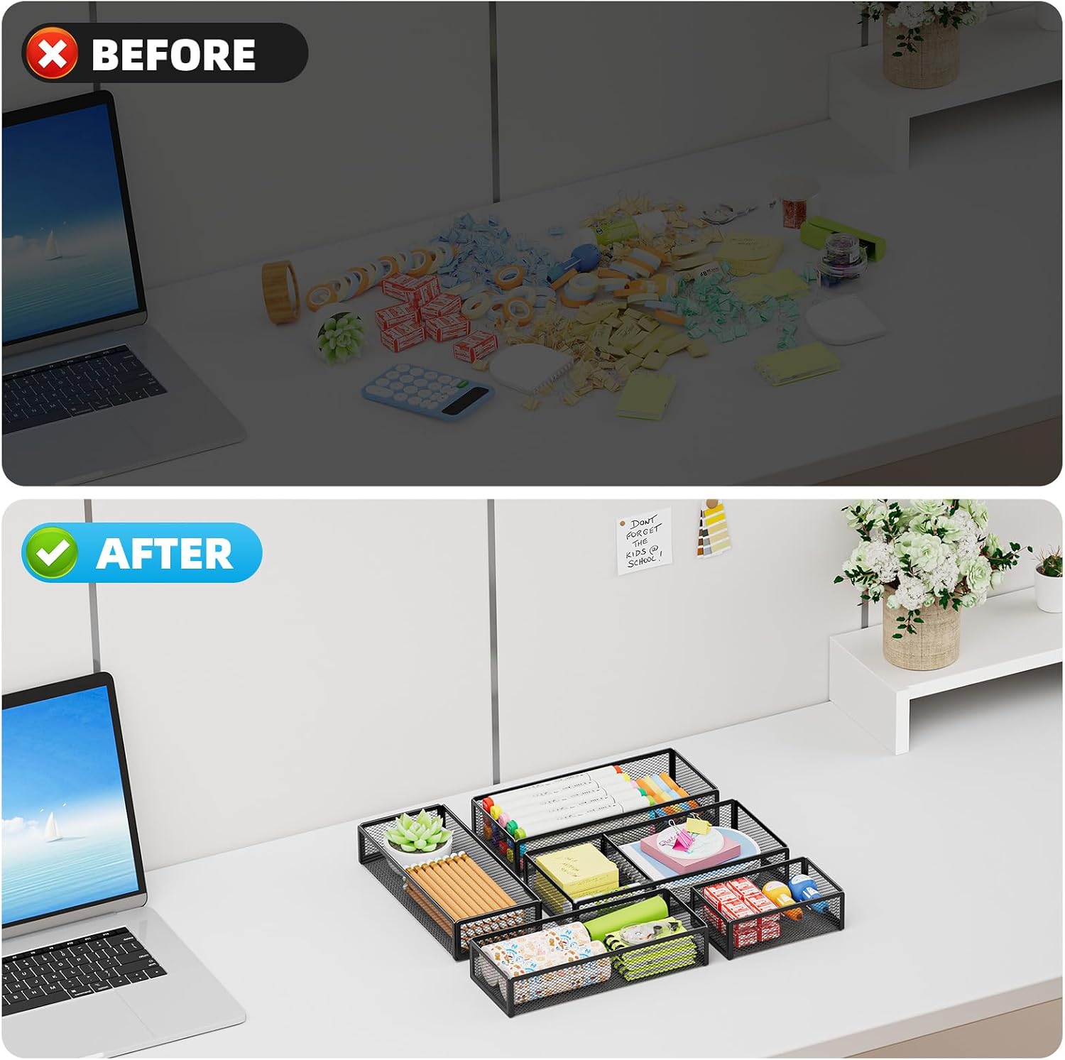 Marbrasse 5 Pack Desk Drawer Organizer Set, Mesh Drawer Storage Trays with 1 Adjustable Divider, Desk Organizers and Accessories, 5 PCS Drawer for Office Supplies, Makeup & Vanity (Black) - Image 7