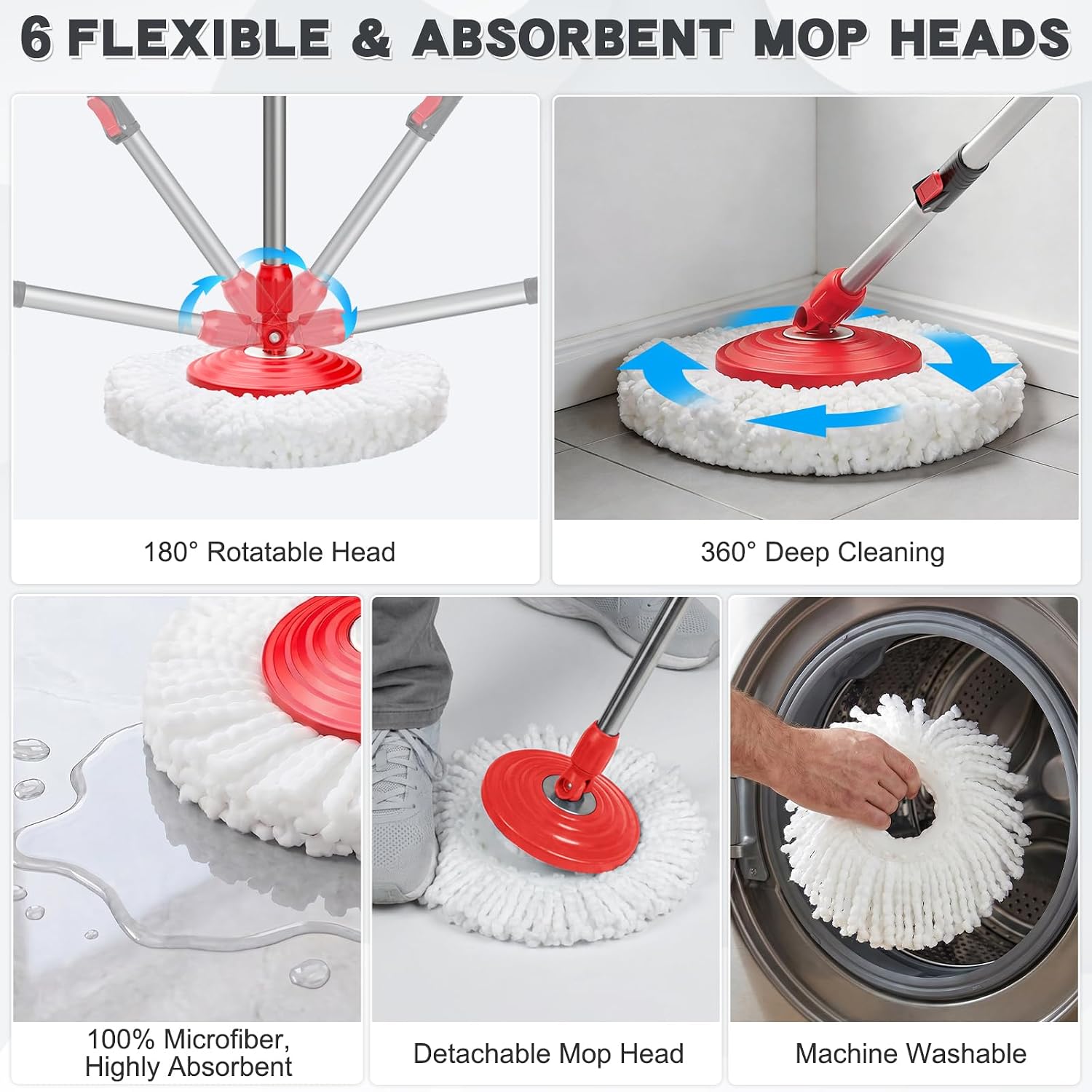 Mop and Bucket Set with Wringer, Spin Mop Floor Cleaning System with 6 Replacement Microfiber Heads & 61" Extra-Long Handle for Home Floor, Dark Grey - Image 6