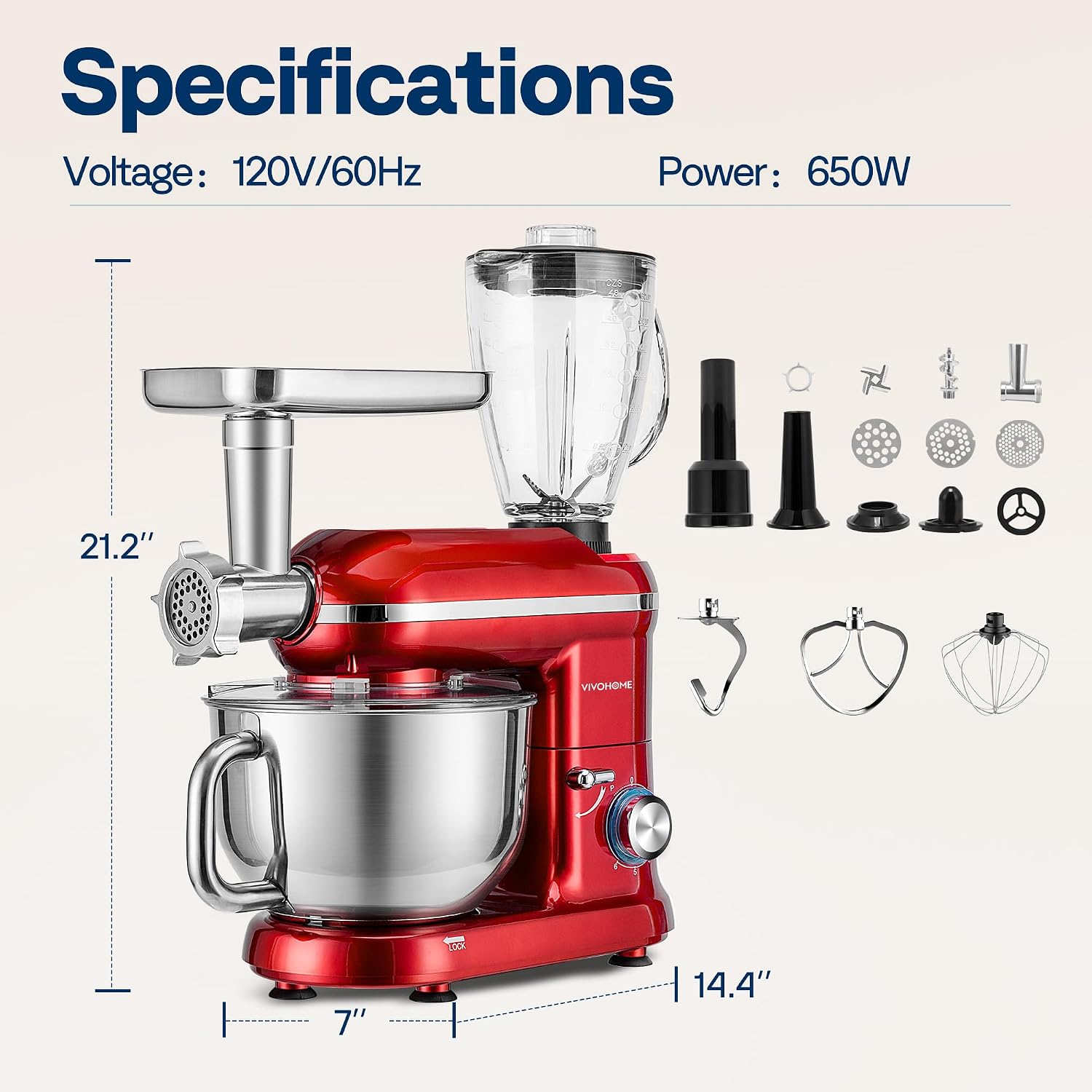 VIVOHOME 3-in-1 Stand Mixer, 6 Quart Electric Tilt-Head Kitchen Mixer with Bowl, Multifunctional Food Mixer with Meat Grinder and Blender Attachments, Dough Hook, Beater, and Whisk, Red - Image 7