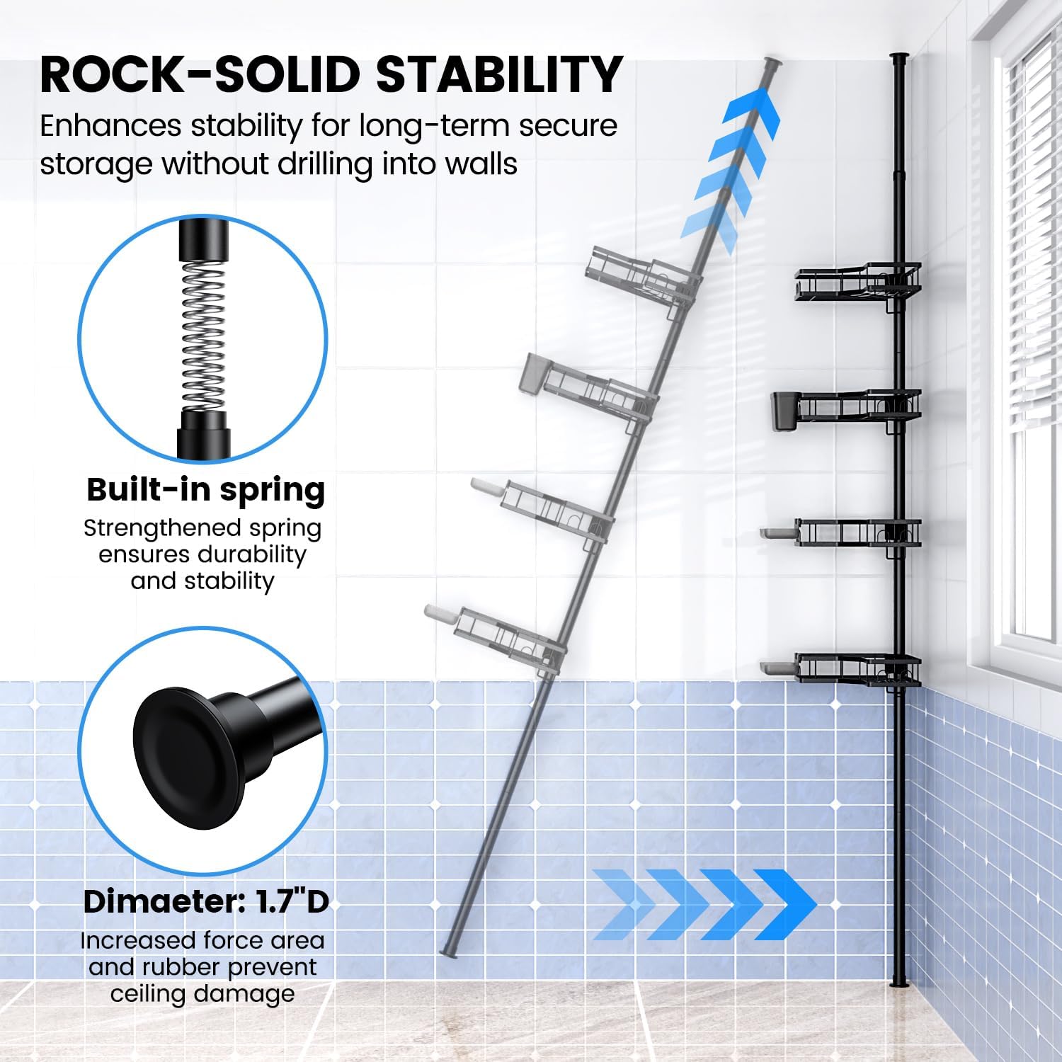 Corner Shower Caddy Tension Pole: 4-Tier Adjustable Rustproof Bathroom Organizer Shelves - No-Drill Bathtub Shampoo Rack Standing Shower Caddy for Renters, Apartment & Family Bathroom 31-124 inch - Image 6
