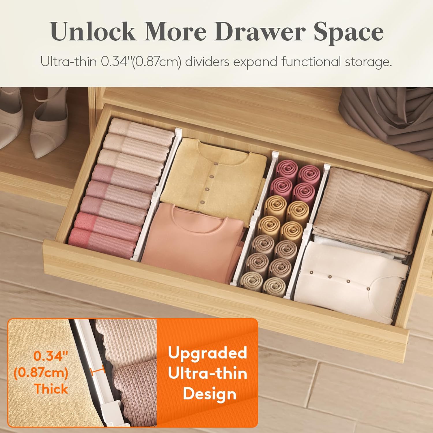 Lifewit Drawer Dividers for Clothes, 3.2" High 10.5"-16.5" Expandable Dresser Drawer Organizers, Adjustable White Plastic Separators for Kitchen, Cabinet, Nursery, Socks & Underwear Storage, 4 Pack - Image 8
