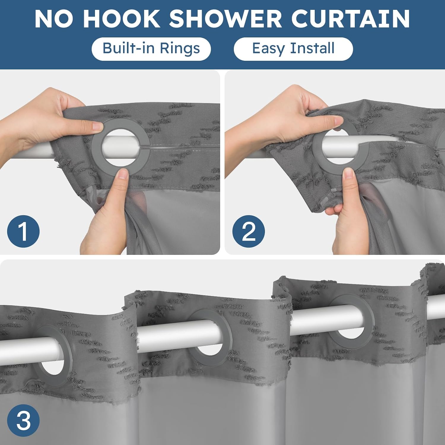 FADOTY No Hook Shower Curtain and Snap in Liner Set Grey Tufted Chevron Striped Cloth Waterproof Washable Fabric Boho Gray Bath Curtain with See Through Mesh Top Window for Bathroom Hotel 71" x 74" - Image 2