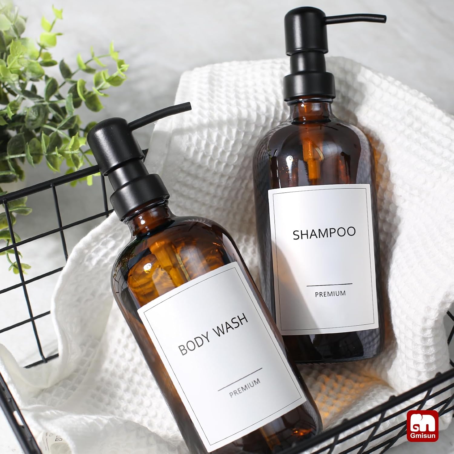 GMISUN Amber Glass Soap Dispenser, 2 Pack Bathroom Hand Soap Dispensers with Stainless Steel Pump, 17 Fl Oz Kitchen Hand and Dish Soap Dispenser Set, Modern Vintage Liquid Brown Soap Dispensers Bottle - Image 9