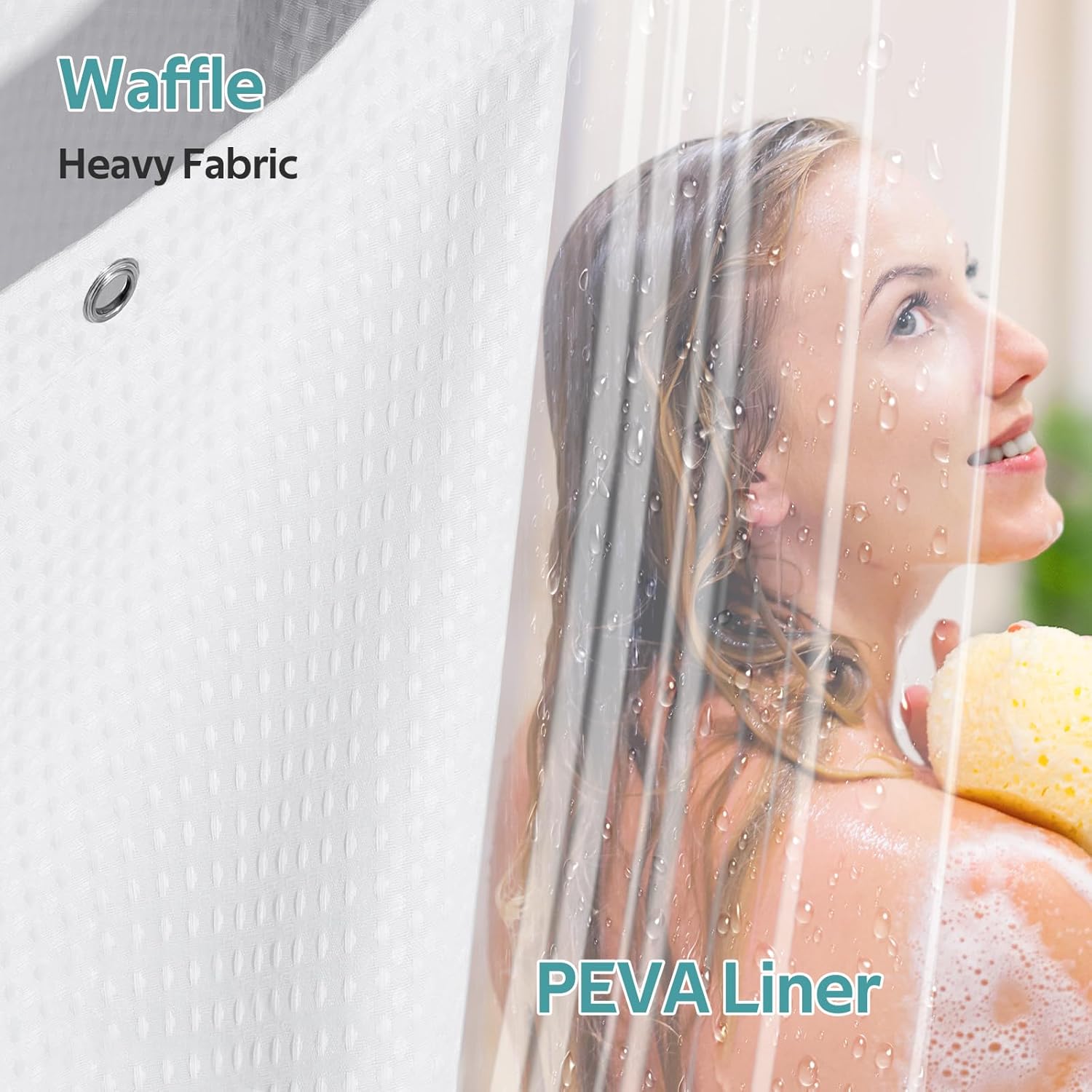 Vipfree 3 in 1 Shower Curtain Set, Waffle Shower Curtain and Liner Set with 12 Double Sided Shower Curtain Hooks, 258GSM Luxury Weighted Cloth Shower Curtains for Bathroom, 72 W x 72 H, White - Image 4