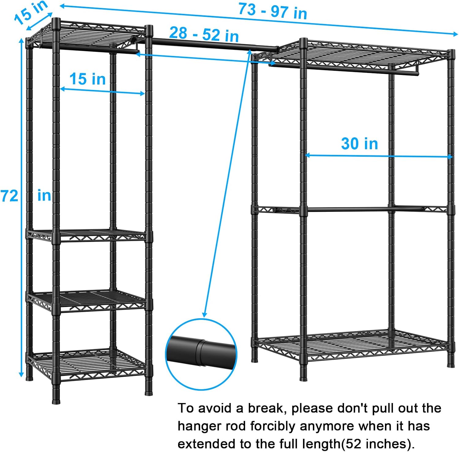 Ulif E10 Clothes Rack(With Stretchable Hanger Rod)Freestanding Clothing Racks for Hanging Clothes,Adjustable Closet Organizer System,Portable Garment Rack 73-97"W x 15" D x 72" H,Max Load 800LBS,Black - Image 2