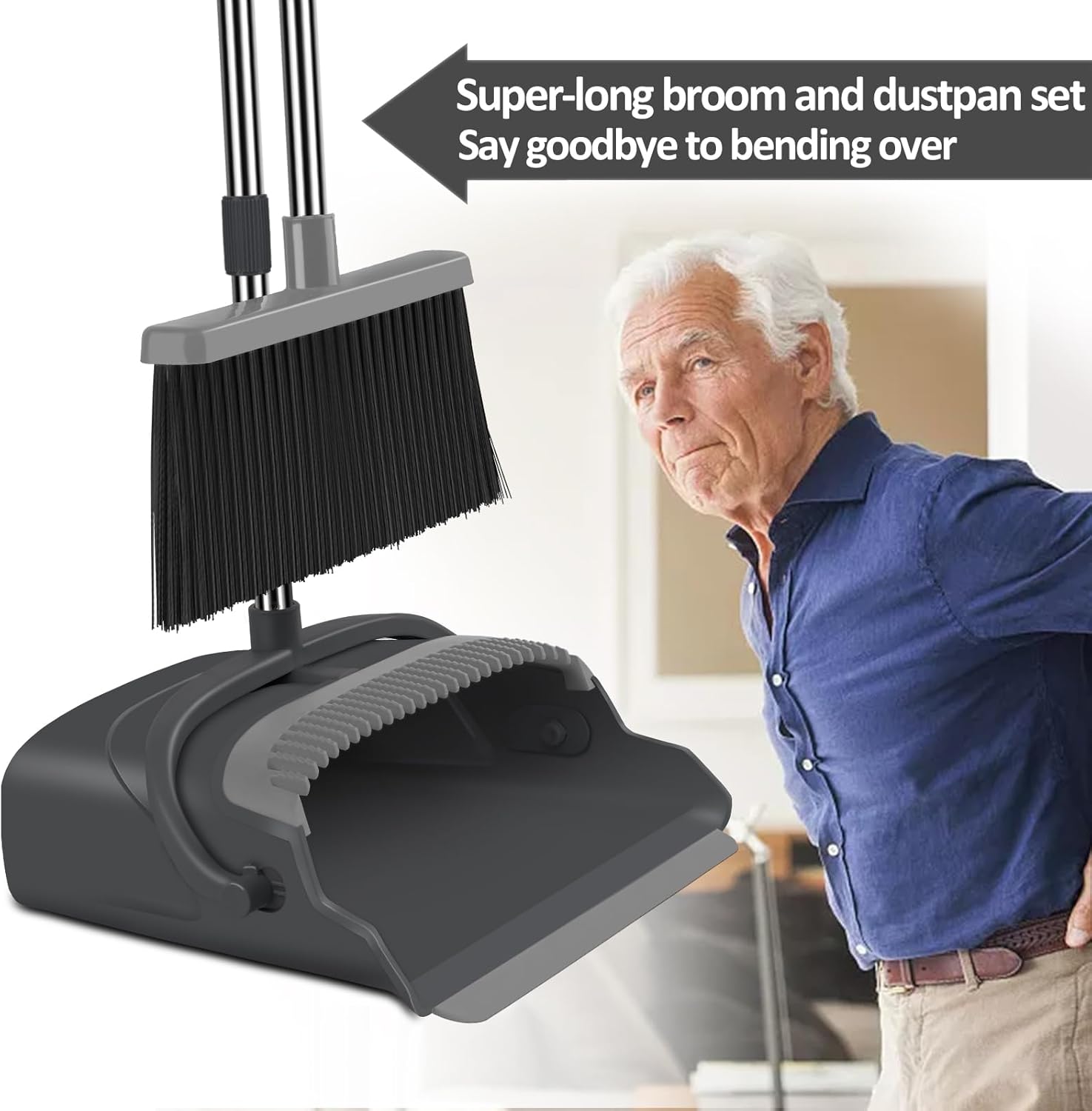 Broom and Dustpan Set for Home, Office, Indoor&Outdoor Sweeping, Stand Up Broom and Dustpan (Black&Gray) - Image 4