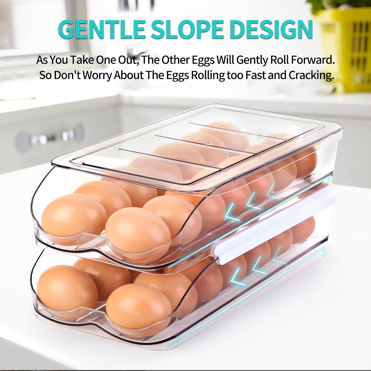 RoskDeewat Egg Holder for Fridge, Automatic Rolling Egg Container for Refrigerator, Stackable Fridge Organizers and Storage with Lid, Clear Plastic Egg Dispenser,Bin & Tray (1 Tier) - Image 2