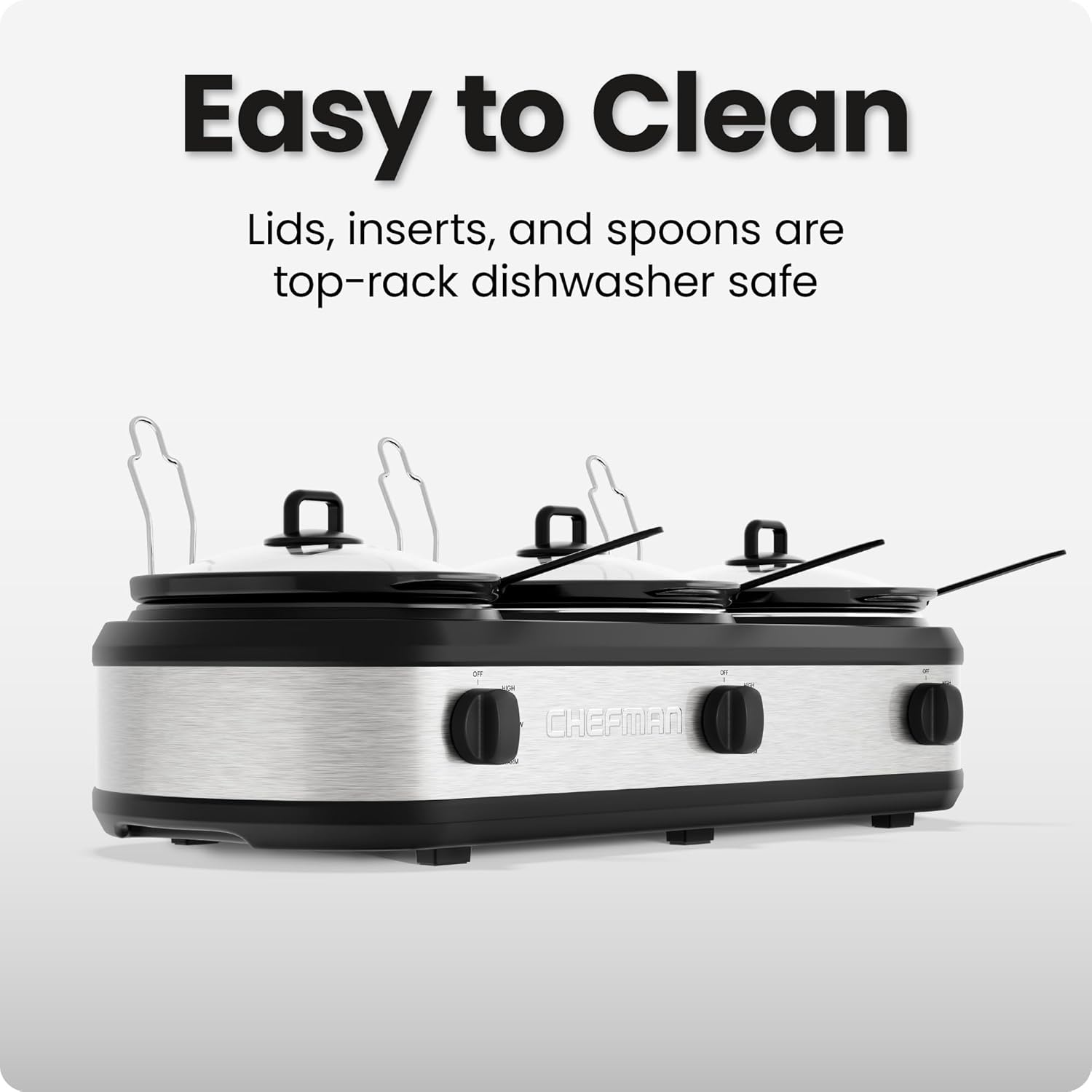 Chefman Triple Slow Cooker & Food Warmer, Three Crock Slowcooker with 2.5 Qt. Ceramic Crocks, 7.5-Quart Total Capacity, PFAS-Free, Three Temperature Settings, Dishwasher-Safe Parts – Stainless Steel - Image 6