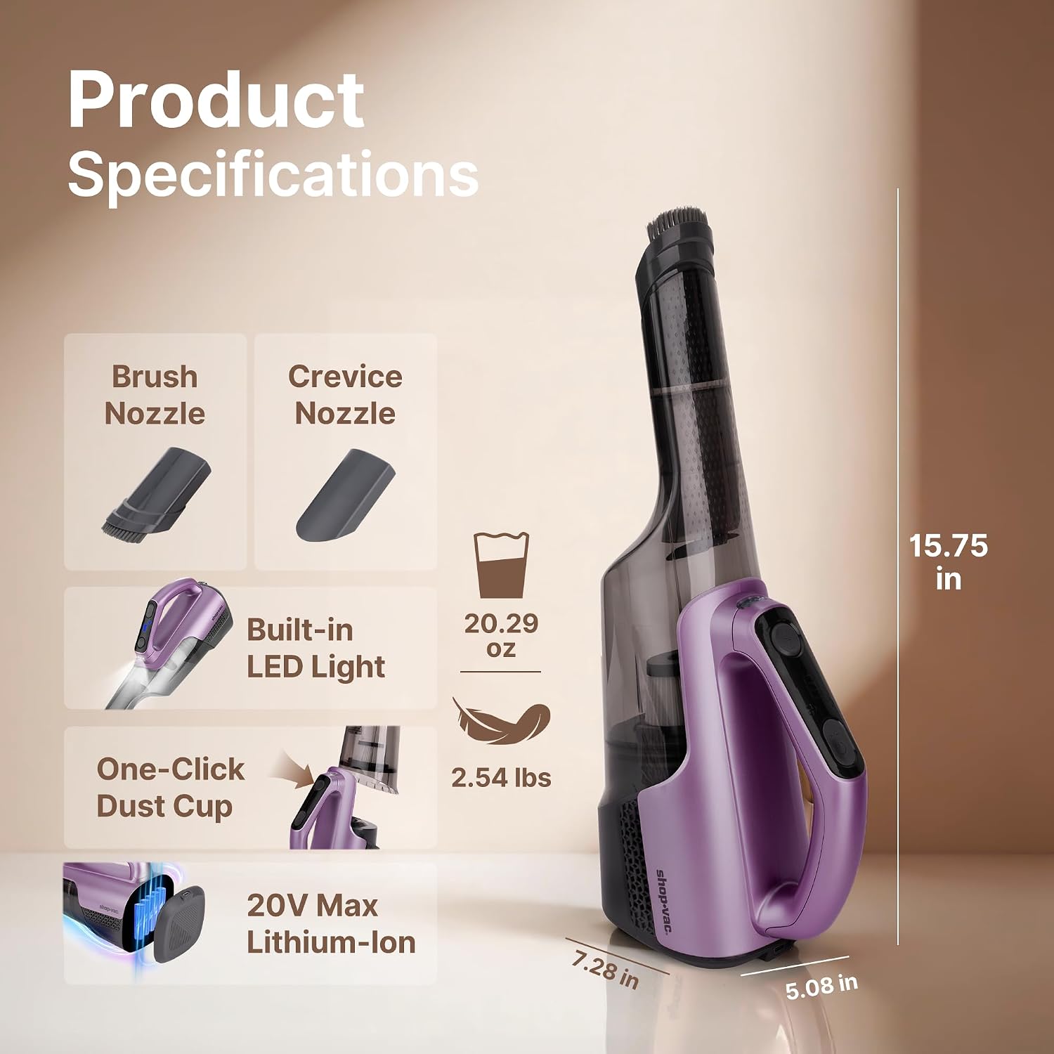 Shop-Vac S3 20V Handheld Vacuum Cordless, Dual-Speed Powerful Portable Car Vacuum Rechargeable, Wall-Mounted Lightweight Hand Vacuum for Home & Car, LED Light, HEPA Filter, Purple - Image 3
