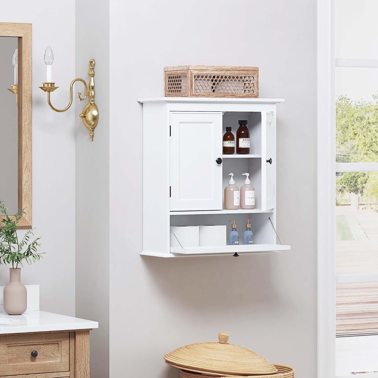 Spirich Bathroom Wall Cabinet, White Medicine Cabinet with Doors | Adjustable Shelf, Lower Tilt-Out Cube, FSC-Certified MDF, Space-Saving Concealed Storage for Toiletries, Towels, or Medicine - Image 4
