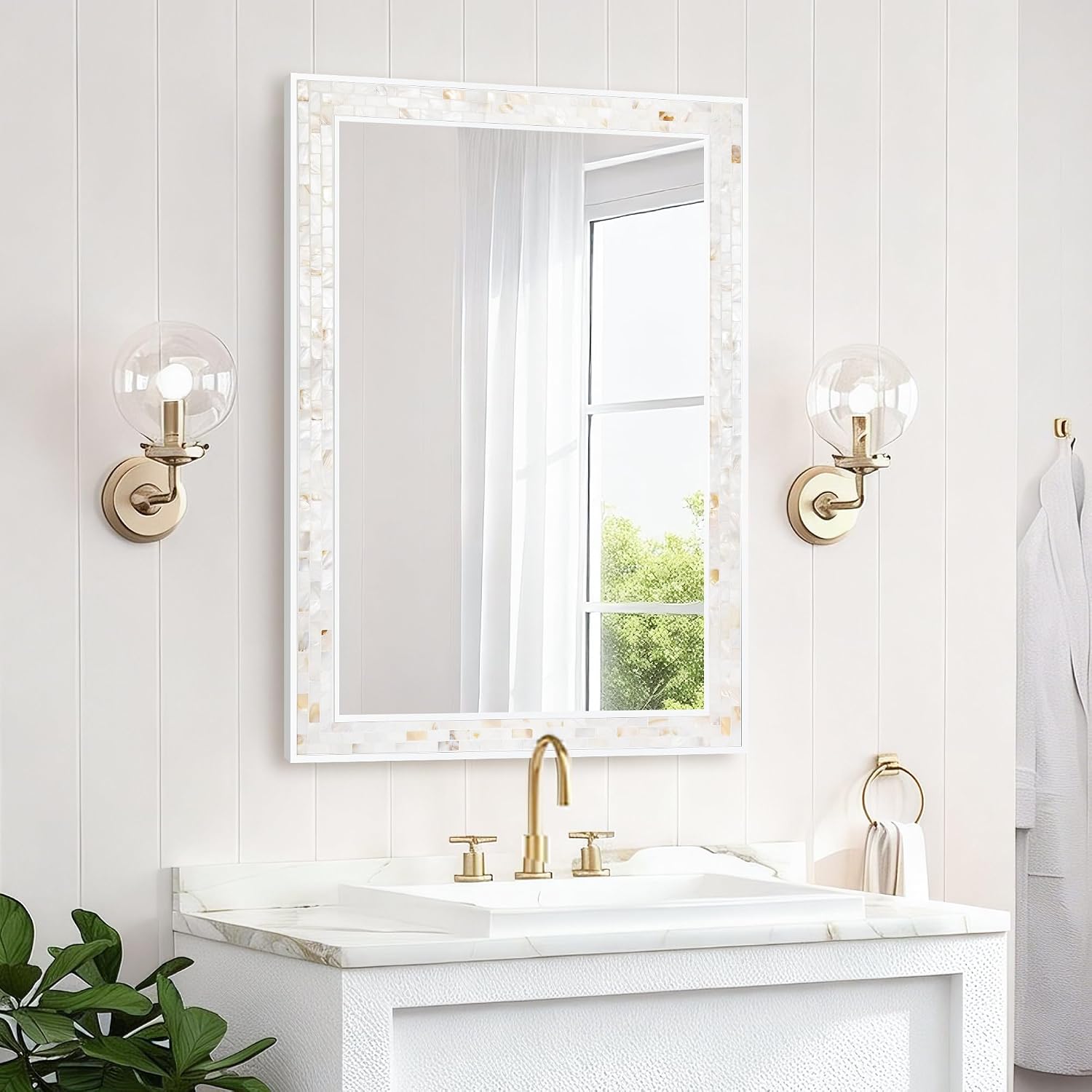 20x28 Inch Mosaic Rectangle Mirrors for Wall | Handcrafted Natural Shell Mosaic Border, Horizontal & Vertical Mount Decor Mirror for Bathroom Entryway Bedroom - Image 2