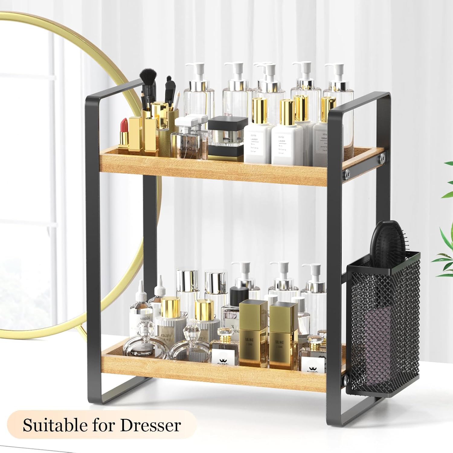 LEMIKKLE 2-Tier Wood Bathroom Counter Organizer with Basket,Waterproof Vanity Perfume Skincare Storage for Bathroom, Kitchen, Dresser - Image 8