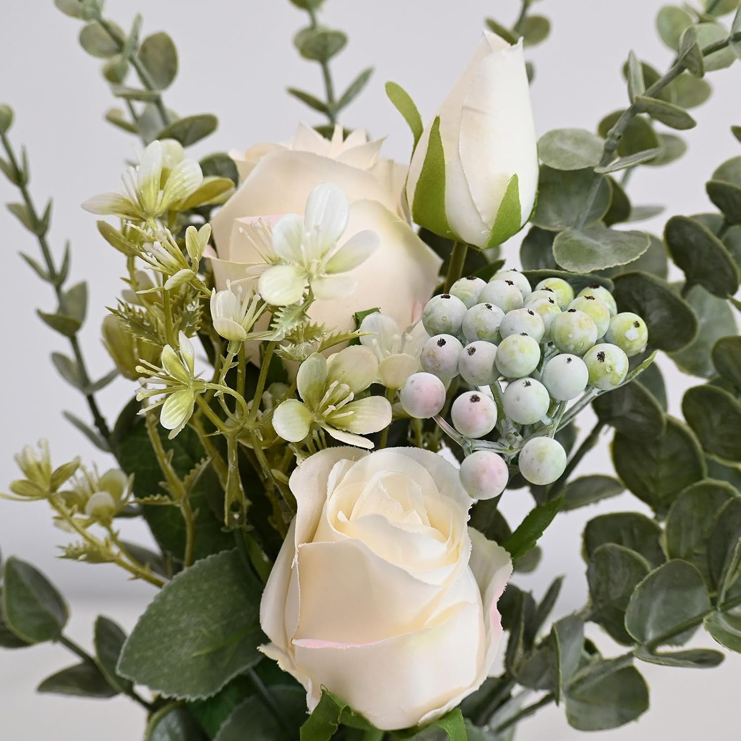 Artificial White Rose Flowers with Glass Vase, Faux Eucalyptus Stems and Berry Bouquet, Silk Floral Arrangement for Home Table Decor, Farmhouse Wedding Centerpieces, Office Shelf Decorations - Image 2