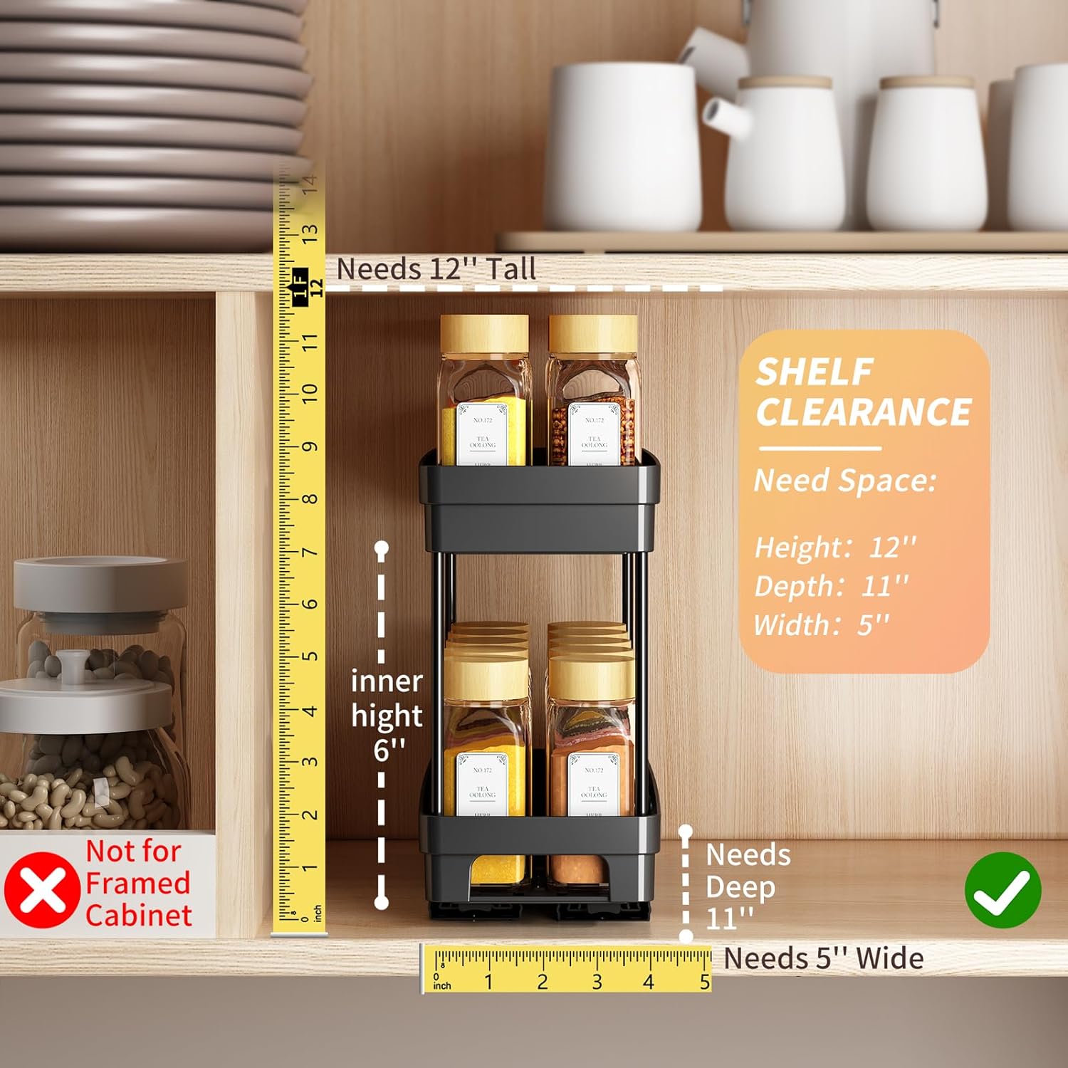 Pull Out Spice Rack Organizer for Cabinet, 3 Packs Slide Out Spice Racks Organizer, Spice Cabinet Organizers, Cabinet Size Need:12'' Highx11'' Deepx5'' Wide,Each Tier Hold 10 Spice Jar - 2 Tier, Black - Image 3
