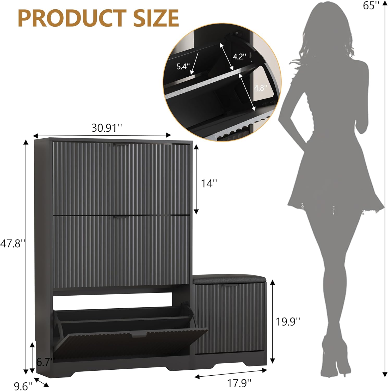 HUANLEGO Shoe Cabinet Storage for Entryway with 4 Flip Drawers, Black Fluted Shoe Cabinet with Bench, Wooden Hidden Shoe Rack Freestanding Narrow Slim Shoes Storage Organizer for Hallway, Entrance - Image 2