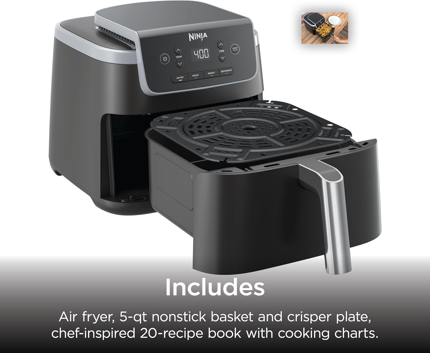 Ninja Air Fryer with Air Crisp | 5 QT Capacity fits up to 4lbs of Fries | 4-in-1 Pro Air Fry, Roast, Reheat, Dehydrate | 400°F Max Temp | 1750 Watts | W/Nonstick Basket & Crisper Plate | Grey | AF141 - Image 10