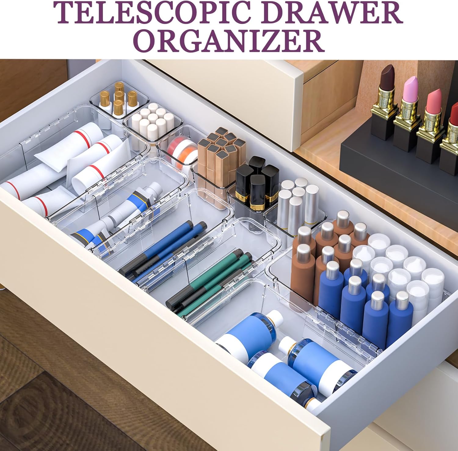 25 Pcs Clear Drawer Organizer, Adjustable Drawer Storage Box, 3-Size Desk Drawer Organizer, Acrylic Storage Bins for Makeup, Cosmetic, Kitchen Utensils, Bedroom Dressers Tool Organizer for Gadgets - Image 5
