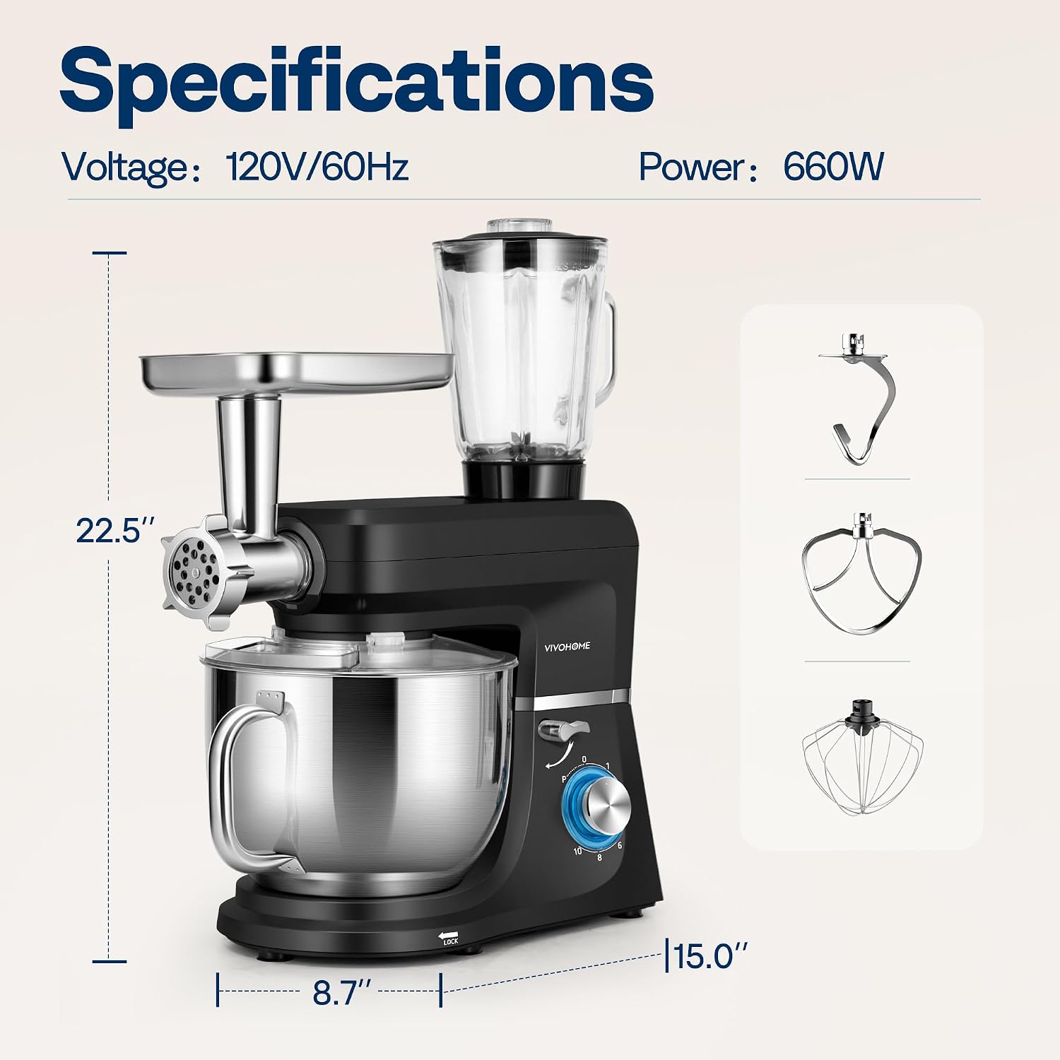 VIVOHOME 6-in-1 Stand Mixer, 8.5 Quart Electric Tilt-Head Kitchen Mixer with Bowl, Multifunctional Food Mixer for Cake, Bread, and Dough, with Meat Grinder, Blender, Pasta Maker Attachments, Black - Image 7
