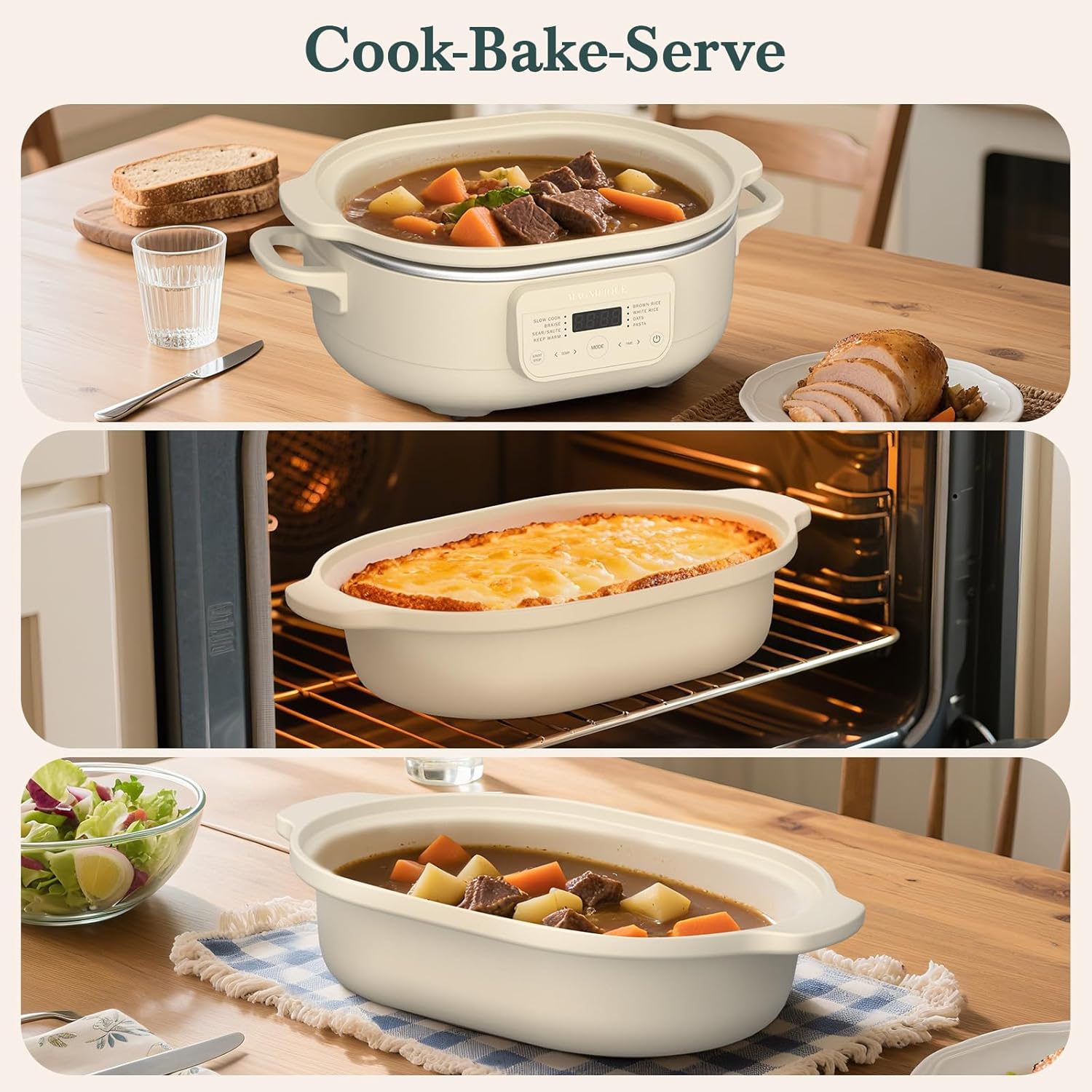 MAGNIFIQUE 4 Quart Programmable Casserole Slow Cooker, 8-in-1 Multi Cooker with Removable Non-Toxic Stoneware Crock, Claypot Slow Cooker, Rice-cooking, Nonstick, Oven Safe Pot to 450°F, Oatmeal - Image 5