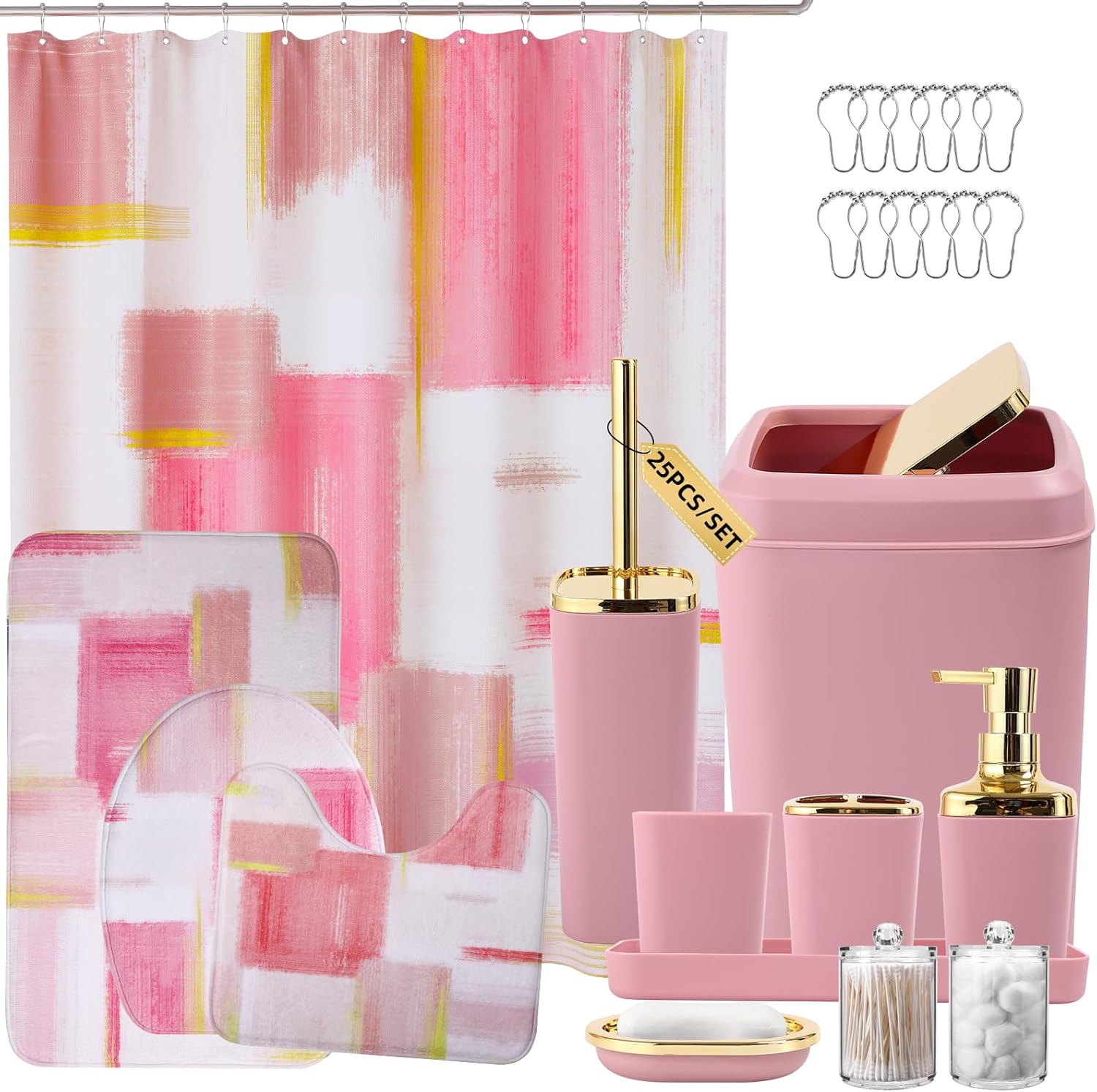 XLHOMO Bathroom Set - Pink and Gold Bathroom Accessories Set, Bathroom Sets with Shower Curtain and Rugs, Pink Shower Curtain Set with Bathroom Trash Can, Soap Dispenser, Soap Dish for Home Decor
