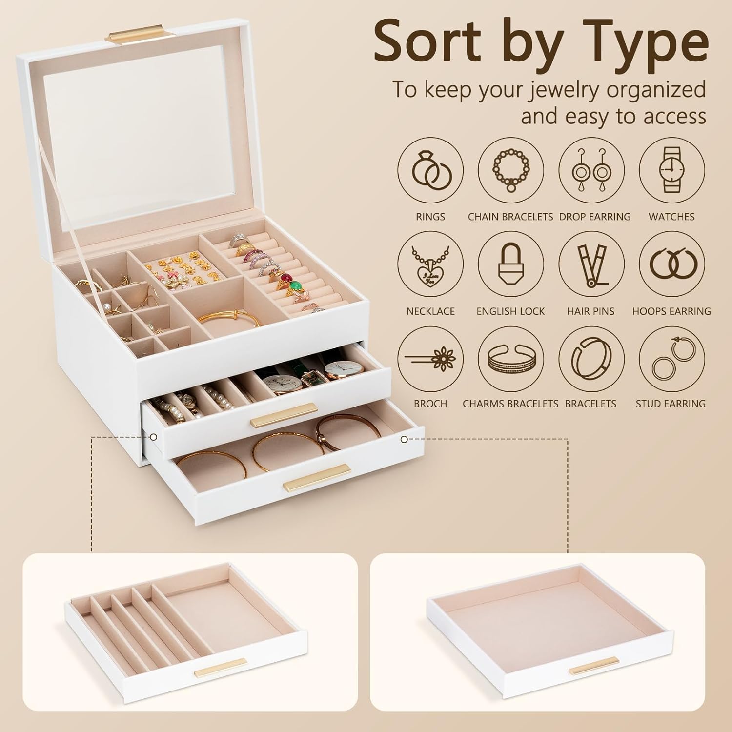 Jewelry Box for Women, 3-Layer Jewelry Box, Jewelry Organizer with Clear Glass Lid and Drawers, Jewelry Organizers and Storage for Necklaces, Rings, Earrings, Bracelets(White) - Image 5