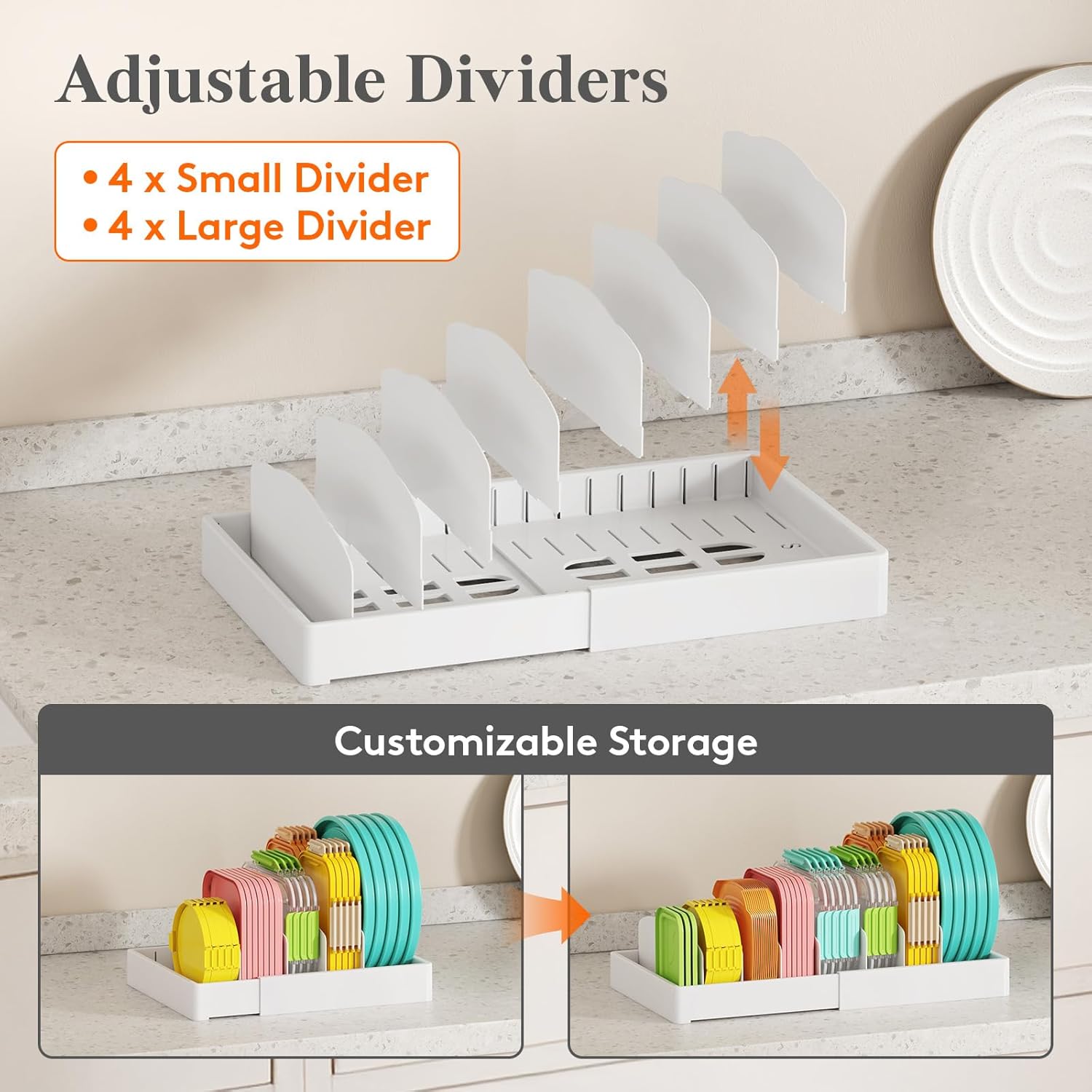 Lifewit Kitchen Cabinet Organizer for Food Contanier Lid, Expandable Lids Holder with 8 Adjustable Dividers & 9 Sections for Pantry Organizers and Storage, Home Drawer Organization, Large, 9.8"-17" - Image 3