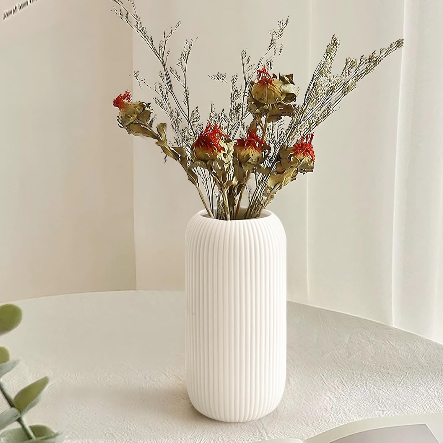 Ceramic Vase for Flowers – Modern Small Ribbed Textured Flower Vase for Home Decor, Pampas Grass, Decorative, Farmhouse, Coffee Table, Kitchen Centerpieces, Bookshelf and Home Living (White) - Image 2