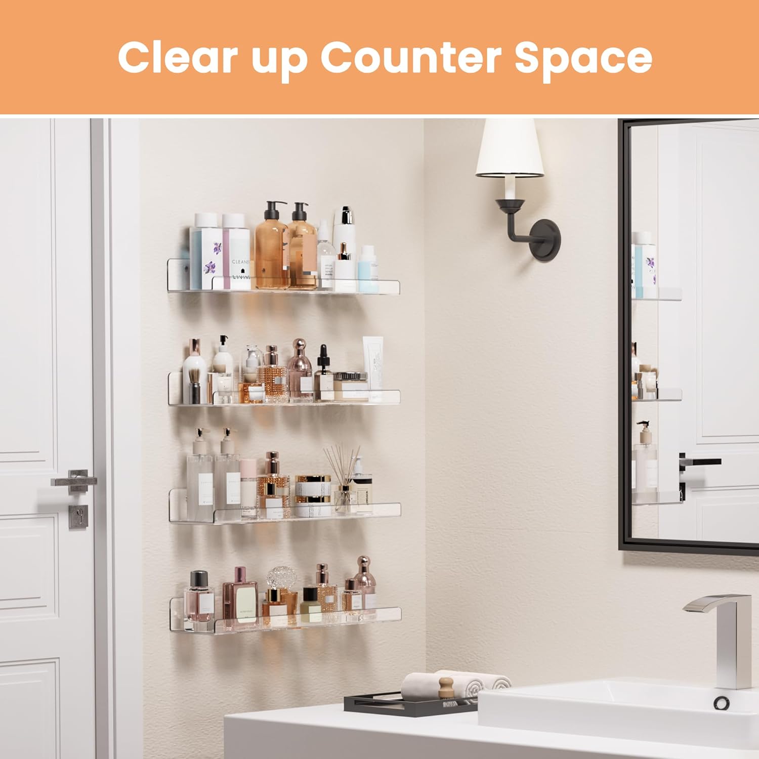 upsimples Acrylic Shelves for Bathroom Storage, 15" Floating Shelves Wall Organizer for Perfume, Make up, Skincare, Kids Bookshelf for Bedroom, Nursery, Living Room Decor, Clear, 4 Pack - Image 3