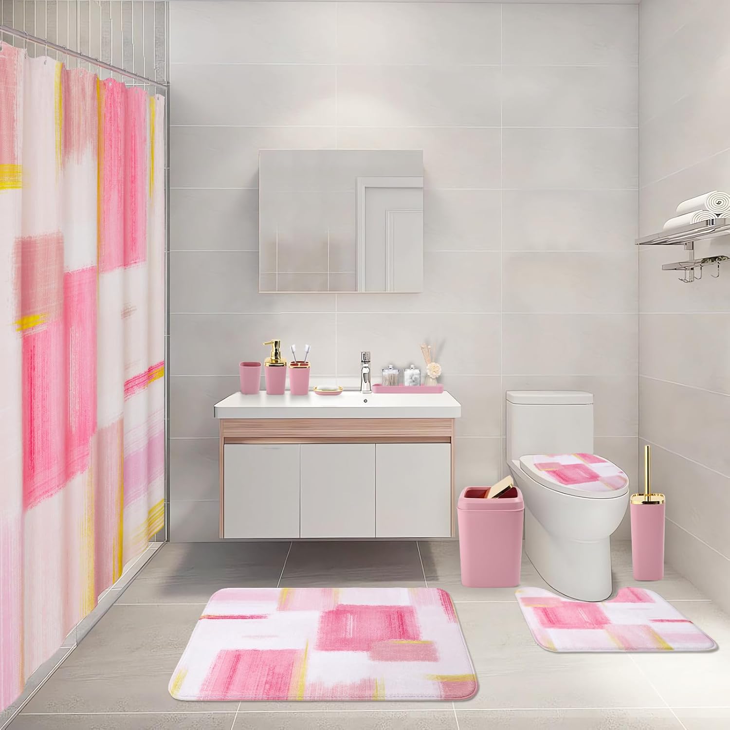XLHOMO Bathroom Set - Pink and Gold Bathroom Accessories Set, Bathroom Sets with Shower Curtain and Rugs, Pink Shower Curtain Set with Bathroom Trash Can, Soap Dispenser, Soap Dish for Home Decor - Image 2