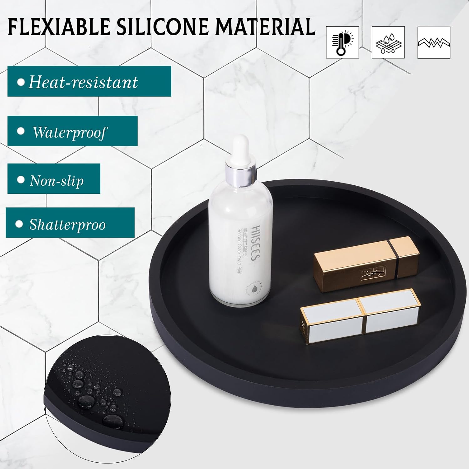 Silicone Bathroom Tray Coffee Table Decor Perfume Organizer, 9" Black | Decorative, Easy to Clean, Waterproof, Scratch-Resistant, Non Slip, for Bathroom Counter, Vanity, Kitchen Countertop, Display - Image 4