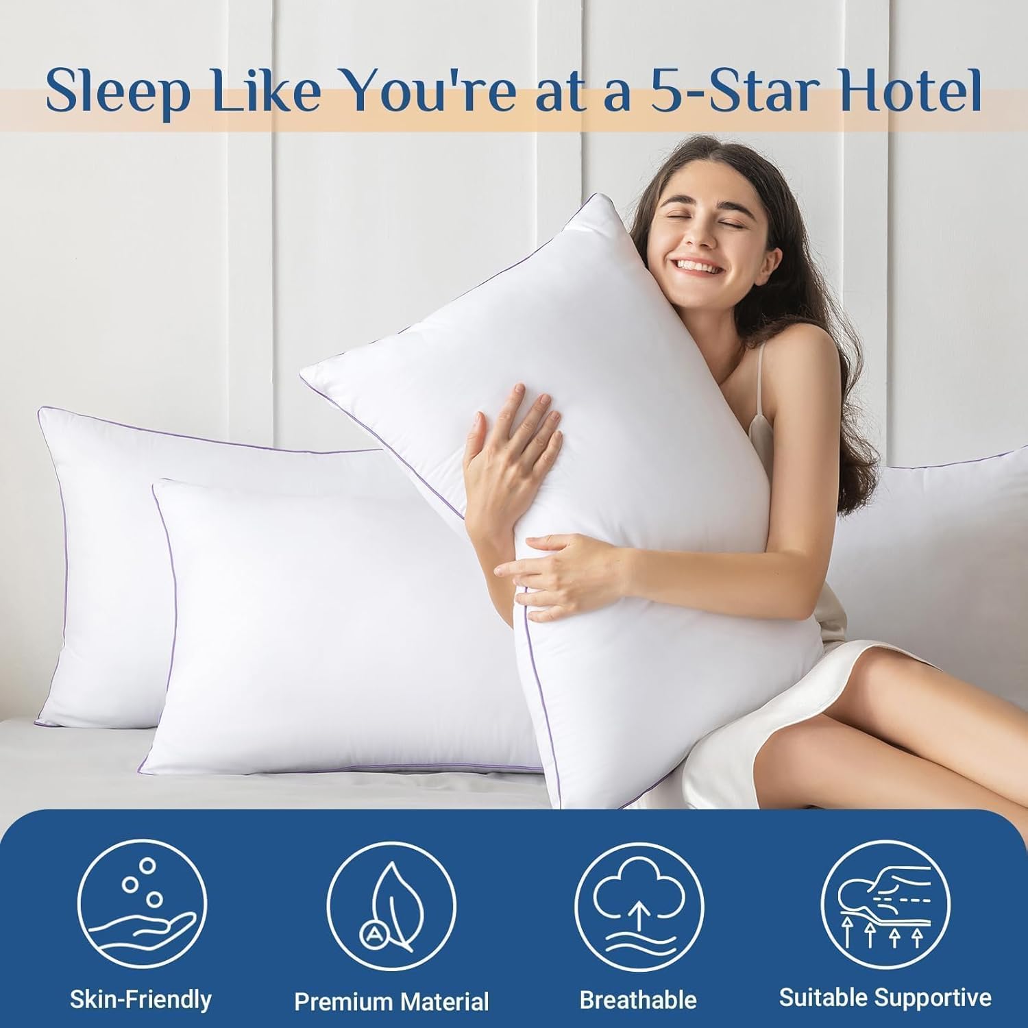 JOLLYVOGUE Firm Pillows Queen Size Set of 2, Supportive Bed Pillows with Oeko-Tex Certified Down Alternative Fill, Fluffy Hotel Quality for Back, Stomach and Side Sleepers - Image 2