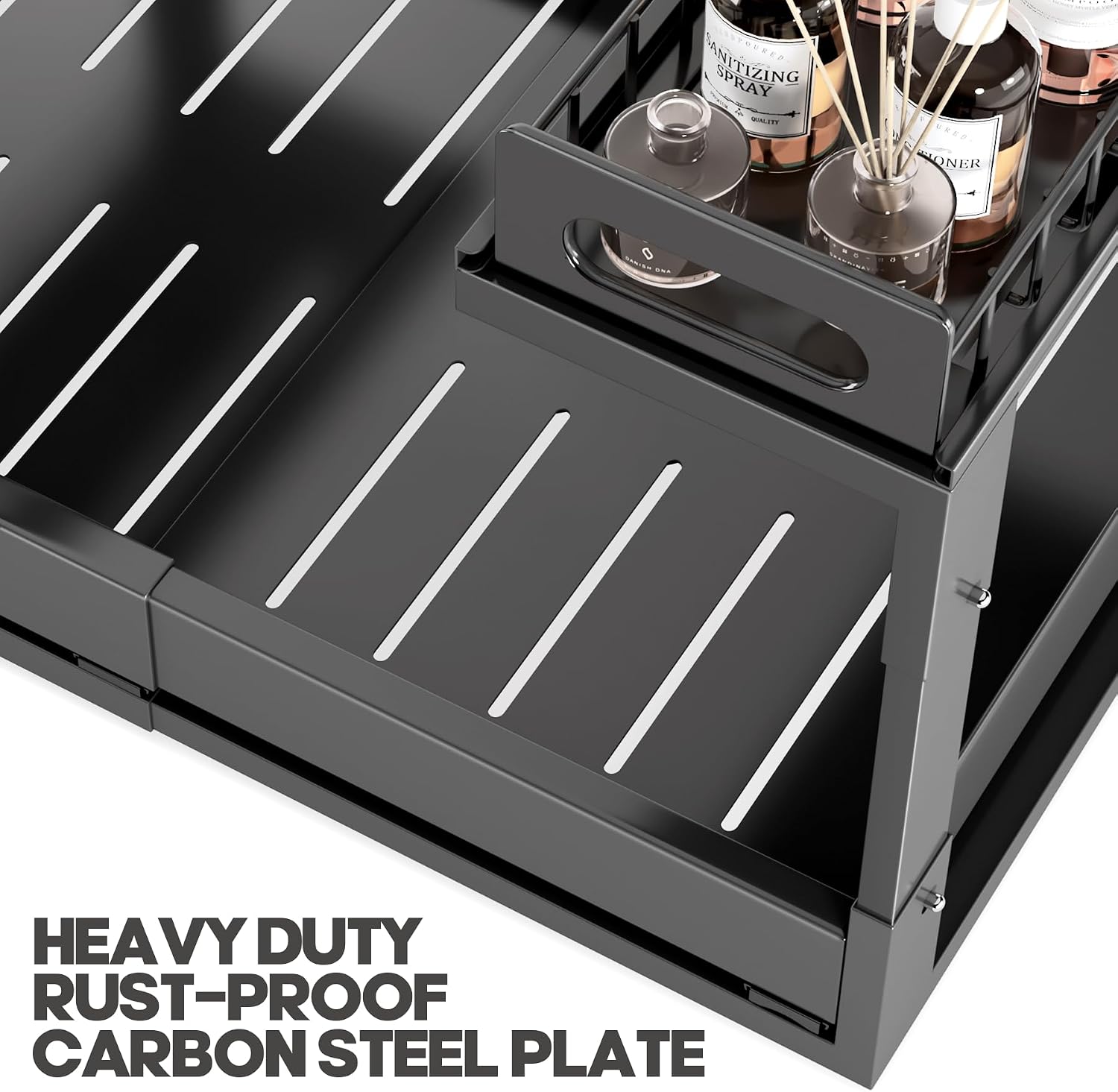 1 Pack Expandable Under Sink Organizers And Storage With Upgrade Ball-Bearing Slide Tracks,2-Tier Pull Out Under Cabinet Organizer Height Adjustable,Slide Out Under Sink Drawers-Black(Patent Pending) - Image 6
