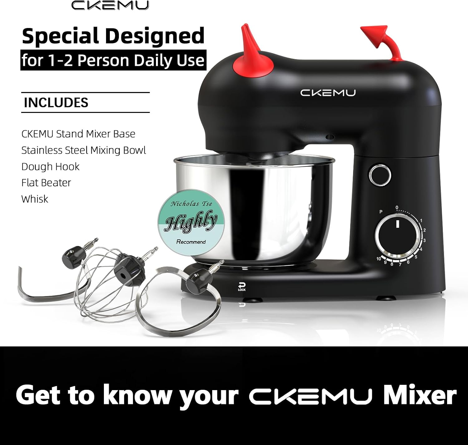 Stand Mixer, Compact & Space-Saving, Stainless Steel Bowl, Unique & Playful Design, Effcient 300W Motor, Dishwasher-Safe Attachments, SM-2549A (Black) - Image 7