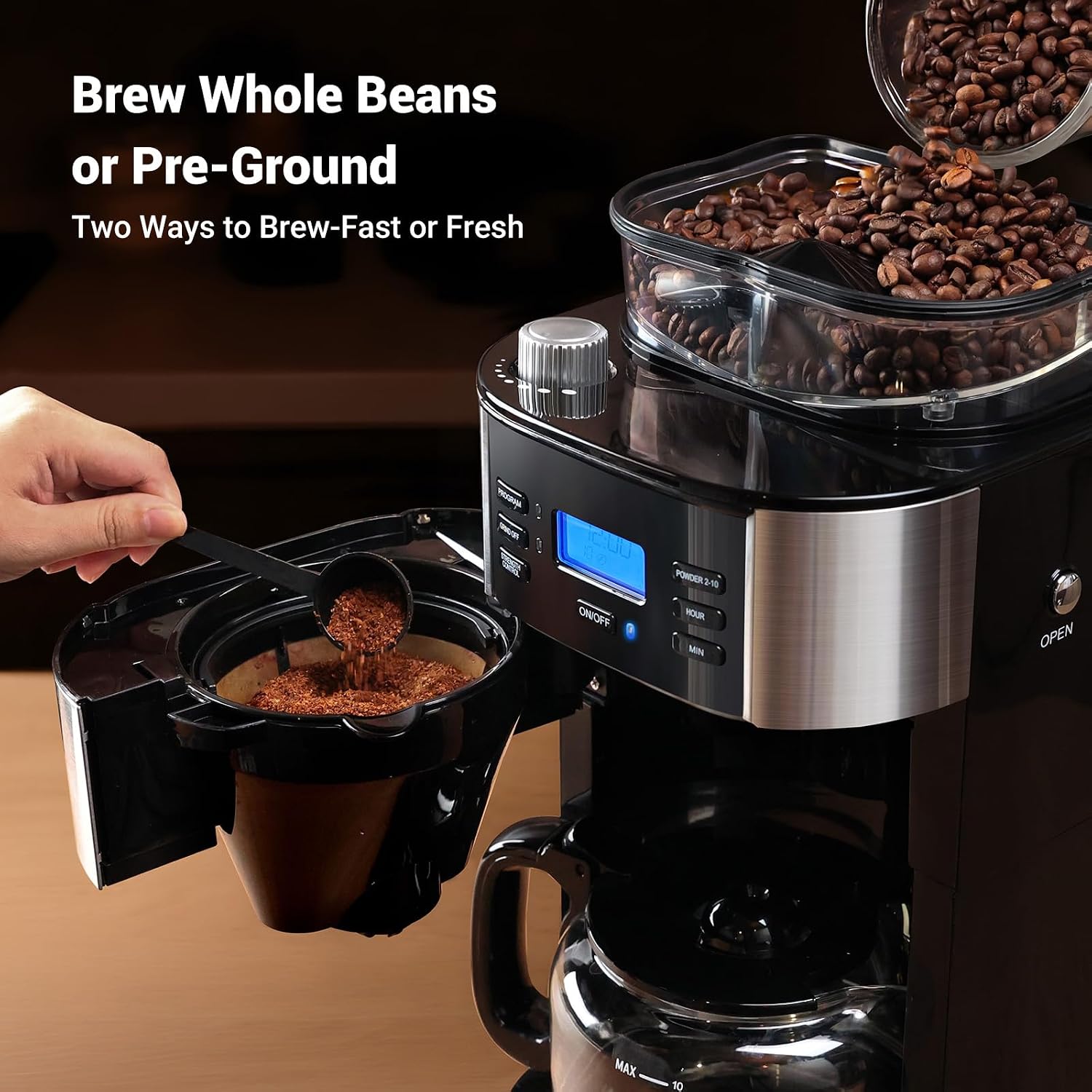Gevi 10-Cup Drip Coffee Maker with Built-in Burr Grinder & Programmable Timer, 1.5L Water Tank, Auto Keep-Warm, Reusable Filter - Fresh Ground Coffee Machine (Black) - Image 2