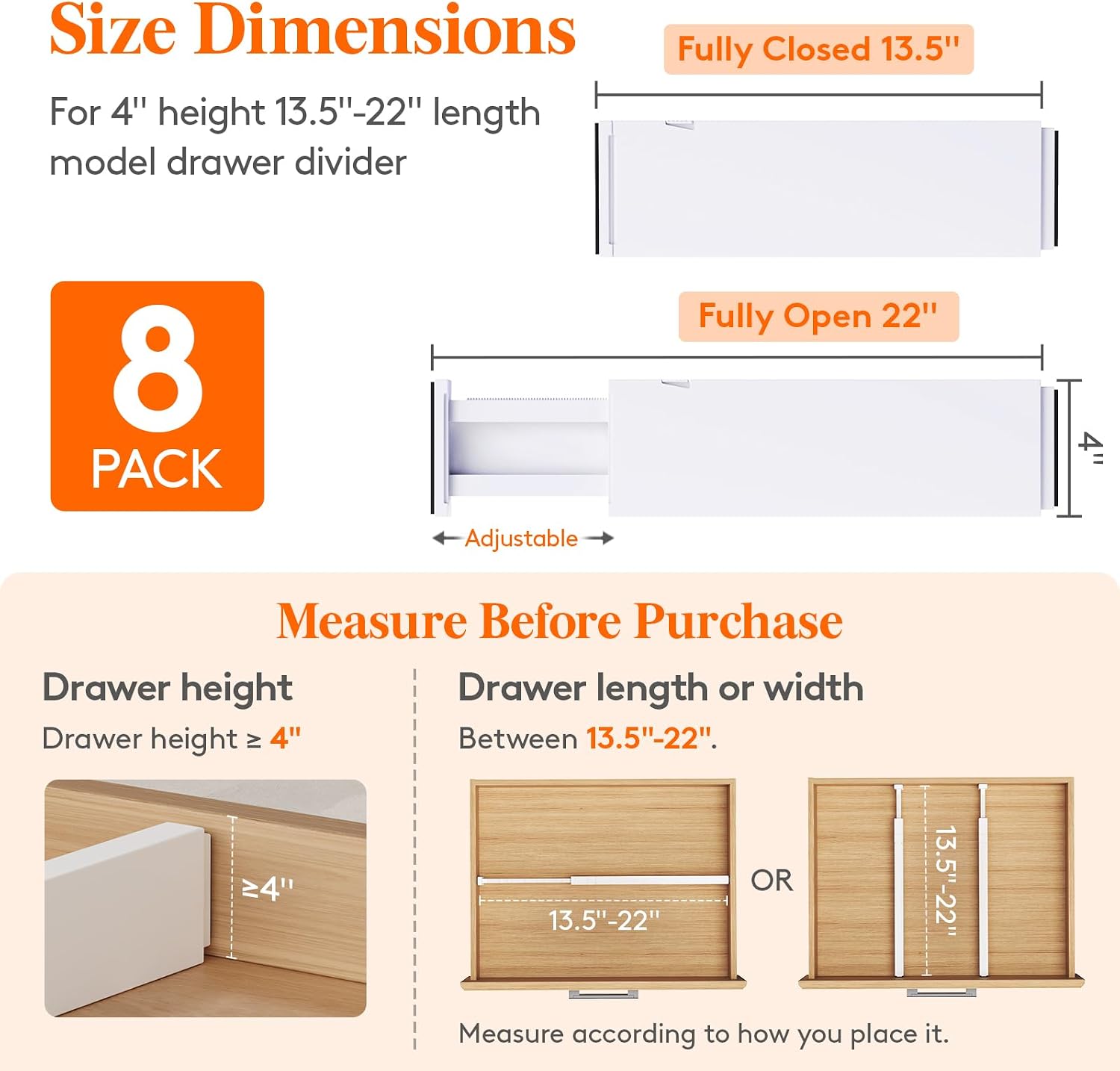 Lifewit 8 Pack 4" High Drawer Dividers 34-56cm/13.5-22" Adjustable Drawer Organizer for Clothes/Utensils, Expandable Drawer Separator in Dresser/Kitchen/Bedroom/Office Organization & Storage White - Image 2
