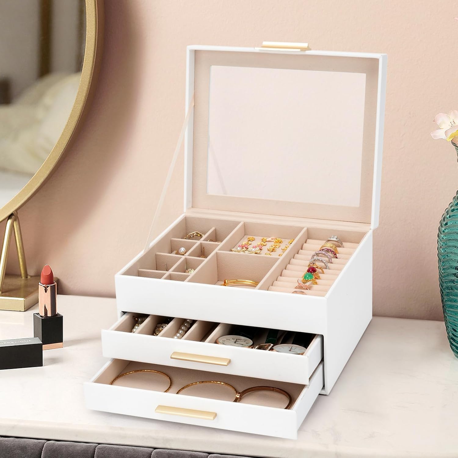 Jewelry Box for Women, 3-Layer Jewelry Box, Jewelry Organizer with Clear Glass Lid and Drawers, Jewelry Organizers and Storage for Necklaces, Rings, Earrings, Bracelets(White) - Image 7