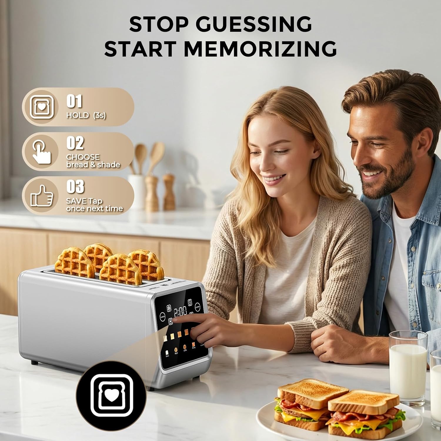 Long Slot Toaster 4 Slice with Touchscreen, 1400W Stainless Steel 2-Slot Smart Appliance Extra Wide 1.5 Inch, Single Mode BreadID Tech Timer for Bagel Waffle - Image 3