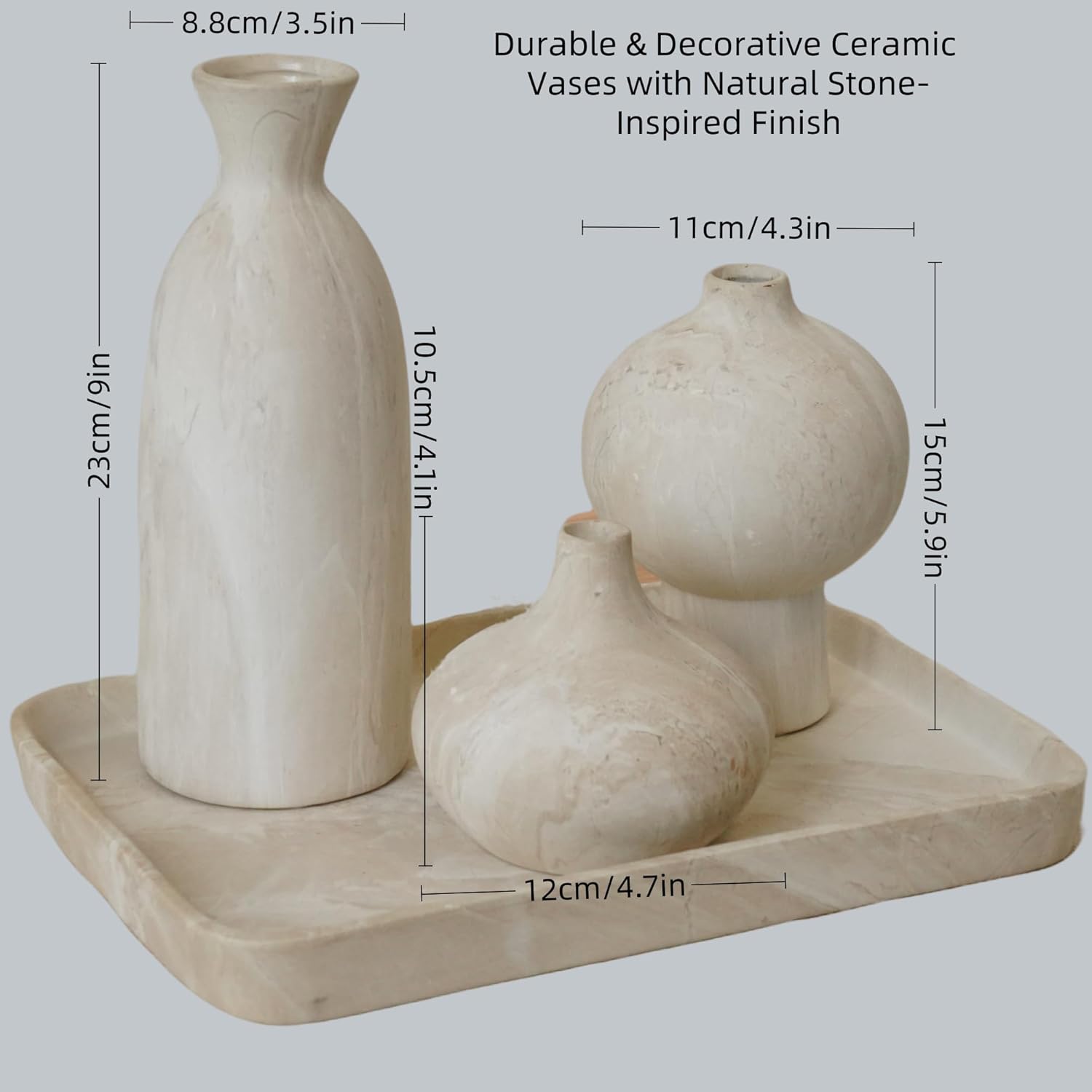 White Ceramic Vase Set of 3 in Beige, Modern Aesthetic Stone-Look Textured Pottery Vases for Shelf & Bookshelf Home Decor, Neutral Minimalist Decorative Vases for Flowers & Pampas Grass - Image 2