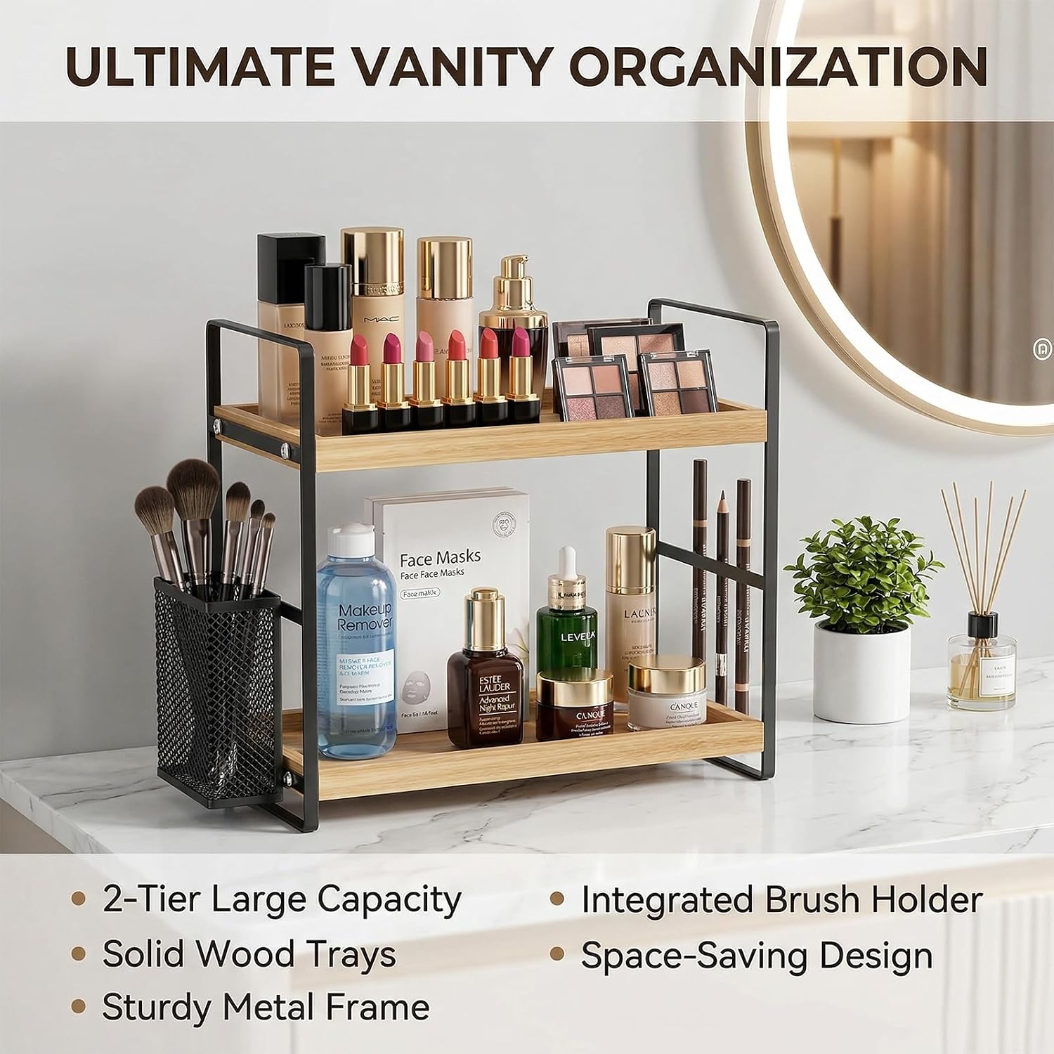 LEMIKKLE 2-Tier Wood Bathroom Counter Organizer with Basket,Waterproof Vanity Perfume Skincare Storage for Bathroom, Kitchen, Dresser - Image 3