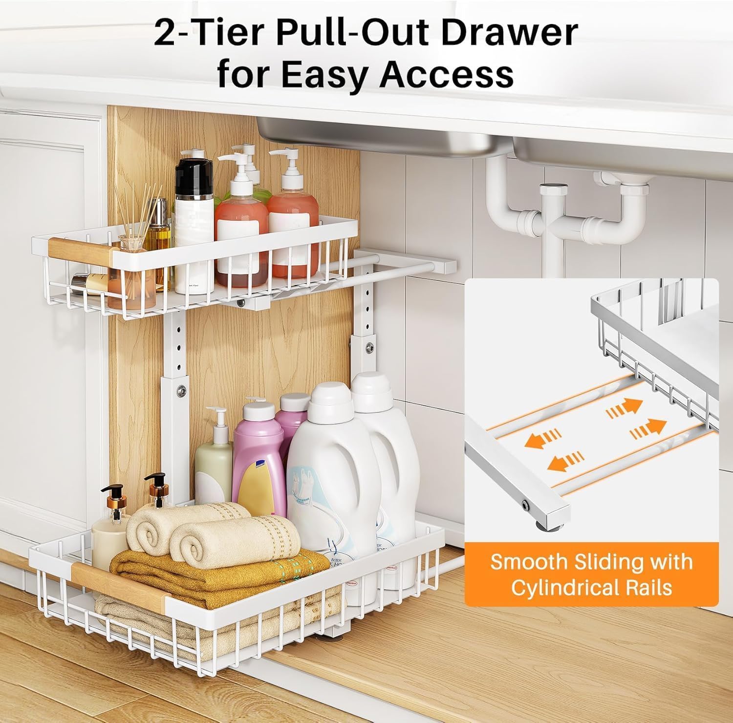 PXRACK Under Sink Organizer, Adjustable Height, 2 Tier Pull Out Under Cabinet Organizer, Slide Out Thickened Metal Under Sink Storage for Kitchen Bathroom Laundry Pantry Cabinet, White, Large-2-Pack - Image 3