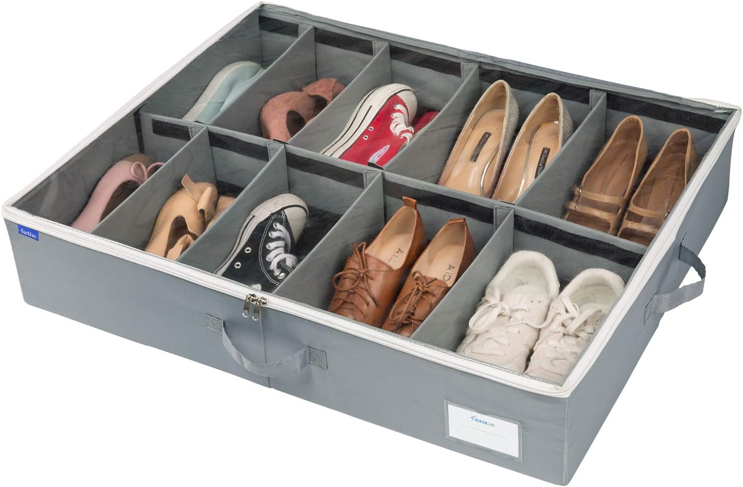 Surblue Shoe Storage Organizer Under Bed Adjustable Dividers Oxford Container Closet Storage Solution with Clear Cover and Handle for Clothing Boots Blankets Sweaters Toys,10 Pairs