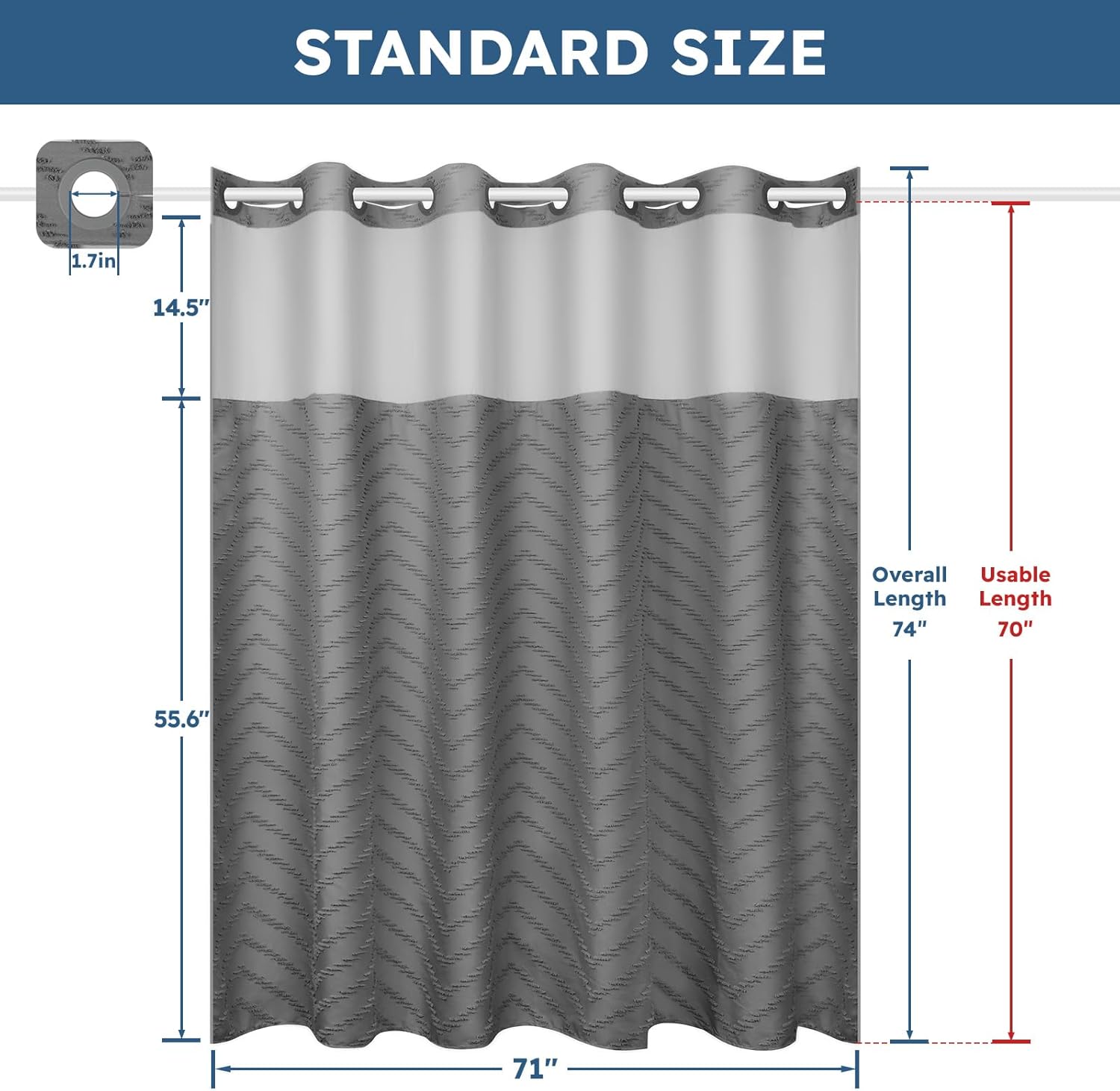 FADOTY No Hook Shower Curtain and Snap in Liner Set Grey Tufted Chevron Striped Cloth Waterproof Washable Fabric Boho Gray Bath Curtain with See Through Mesh Top Window for Bathroom Hotel 71" x 74" - Image 5
