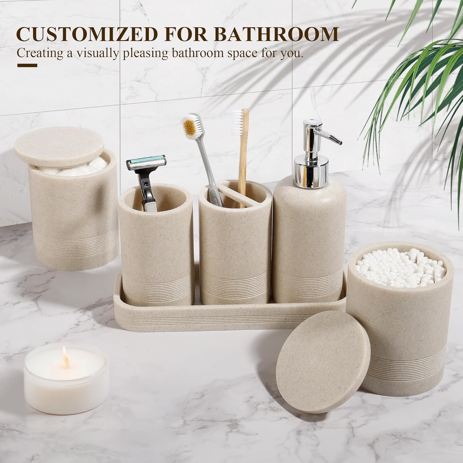 Bathroom Accessories Set, 6-Piece Bathroom Accessory Set, Toothbrush Holders Set, Soap Dispenser, Vanity Tray, Tumbler, Cotton Swab Jars, Bathroom Organizer for Modern Bathrooms(Beige) - Image 3