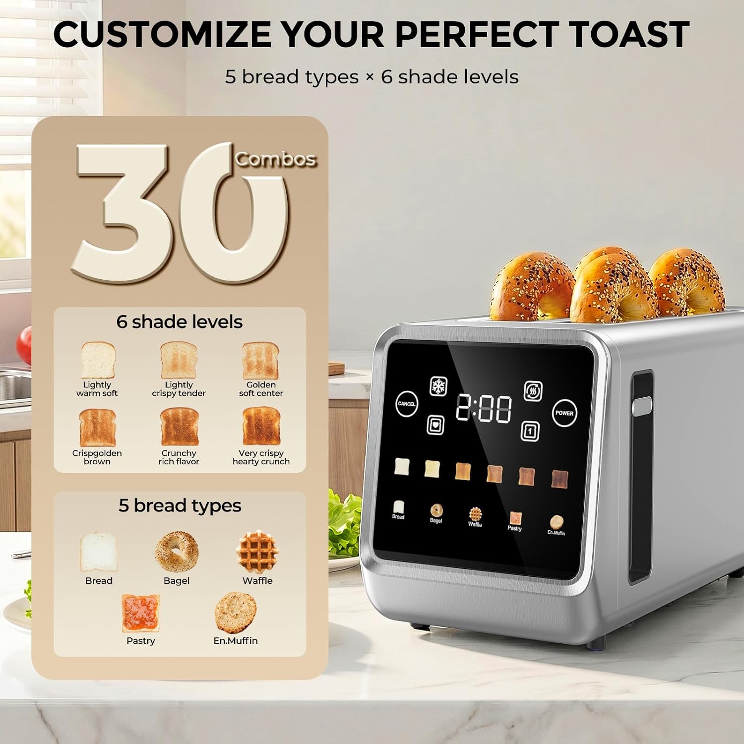 Long Slot Toaster 4 Slice with Touchscreen, 1400W Stainless Steel 2-Slot Smart Appliance Extra Wide 1.5 Inch, Single Mode BreadID Tech Timer for Bagel Waffle - Image 2