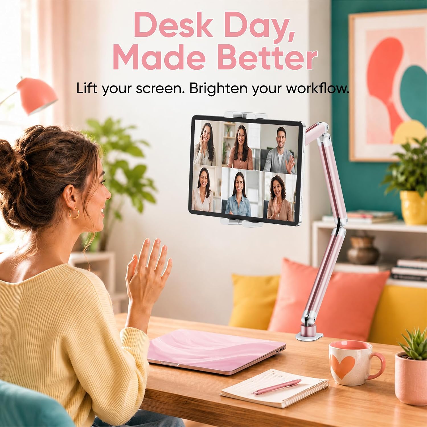 Urmust Portable Monitor Stand 15.6", iPad Stand for Desk, Portable Monitor Holder up to 18.5", Adjustable Desktop Tablet Arm Mount, iPad Holder for Desk, for 4.7"-12.9" i Pad Pro/Air/Mini Pink - Image 5