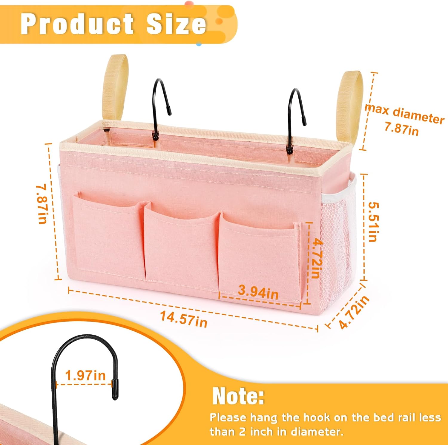 Lilithye Bedside Caddy Bedside Organizer Bedside Storage Caddy with Fixed Straps and Water Bottle Holder for Home College Dorm Bunk Bed Hospital Bed Crib Bed Rails (Pink) - Image 3