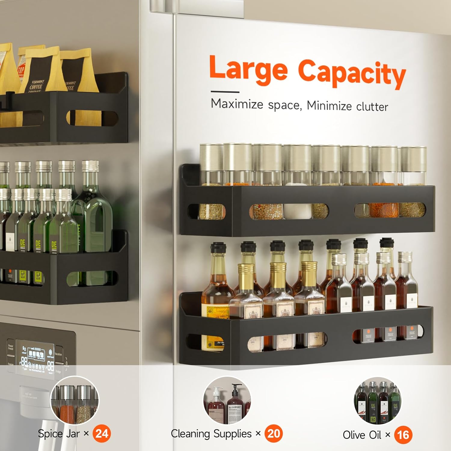 Sevenblue 4-Pack Magnetic Spice Rack for Refrigerator with Hooks, Black | Strong multipurpose magnetic shelf for kitchen & bathroom organization. Includes 4 removable hooks for hanging items. - Image 4