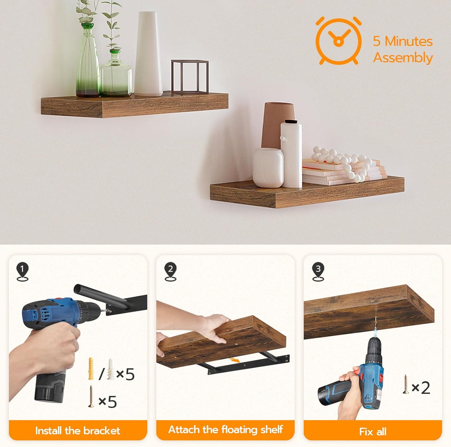 HOOBRO Floating Shelves for Wall, Wall Mounted Shelf Set of 2, 15.7" Hanging Shelf with Invisible Brackets, for Wall Decor Storage in Bathroom Bedroom Kitchen Living Room Office, Rustic Brown BF40BJ01 - Image 7