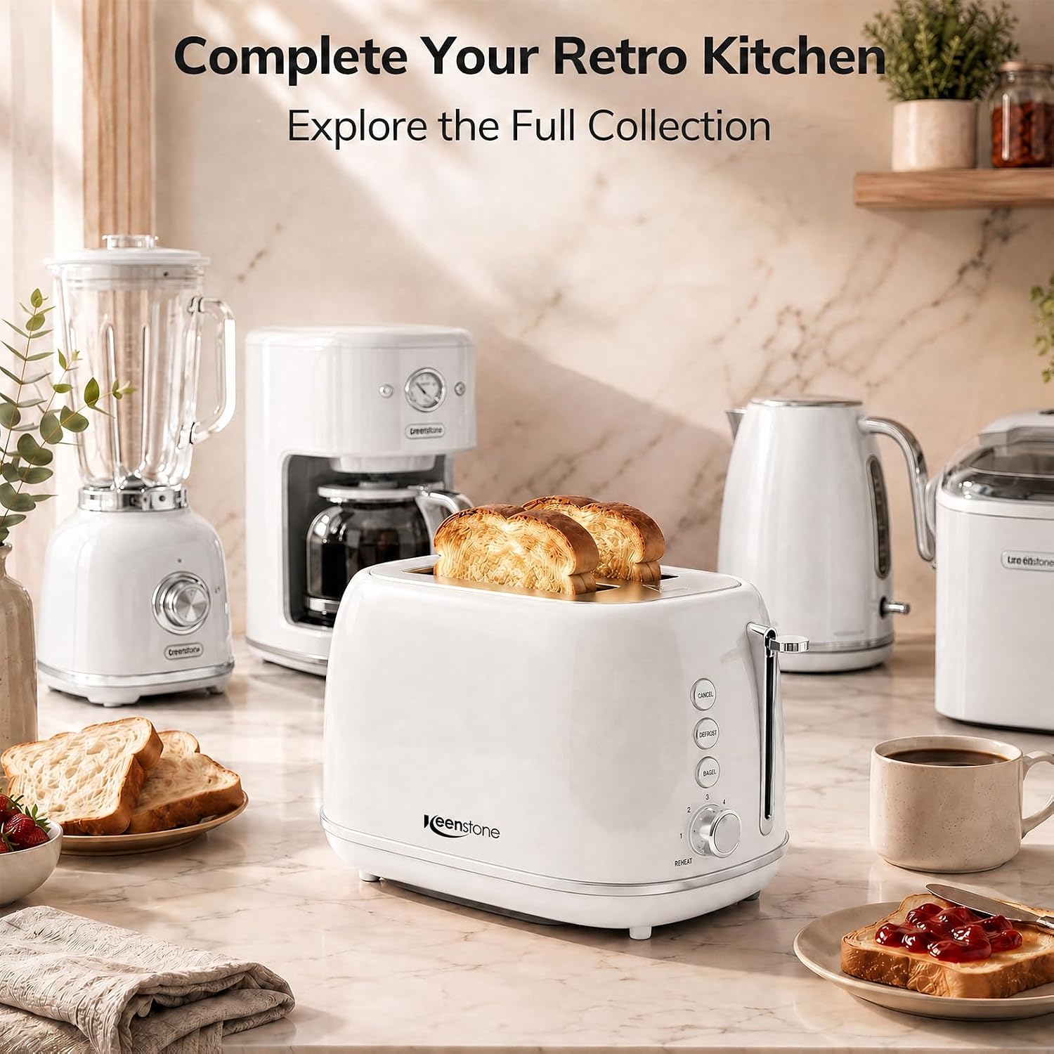 Keenstone Toaster 2 Slice, Retro Wide Slot Stainless Steel Toaster with 6 Browning Levels, Reheat & Defrost, for Bagel, Toast, Bread, Kitchen Essentials, Removable Crumb Tray, White - Image 8