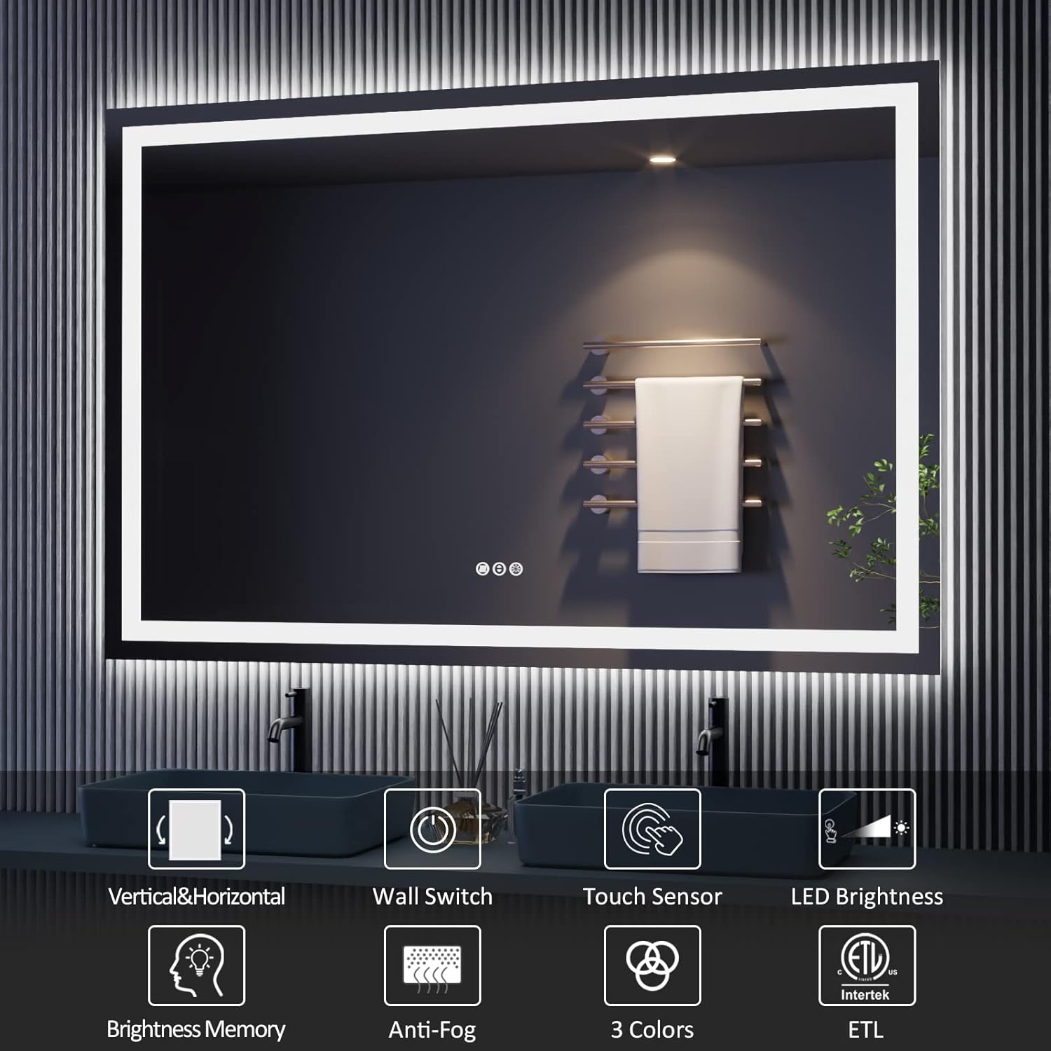 Amorho LED Bathroom Mirror, 48"x 32" with Front and Backlight, Stepless Dimmable Wall Mirrors with Anti-Fog, Shatter-Proof, Memory, 3 Colors, Double LED Vanity Mirror - Image 2